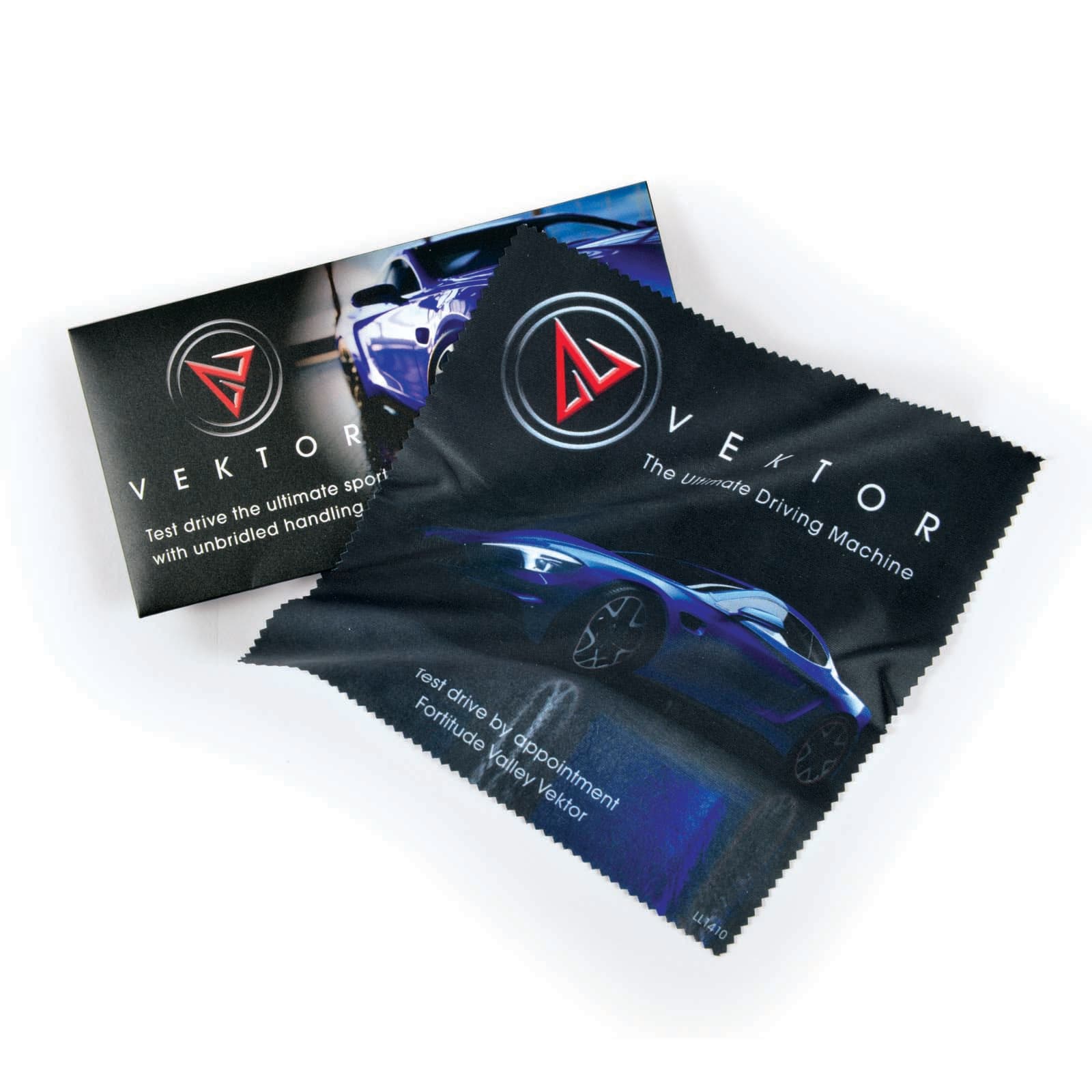 A microfibre lens cloth featuring a sleek car design and branding for Vektor, packaged in a small box.