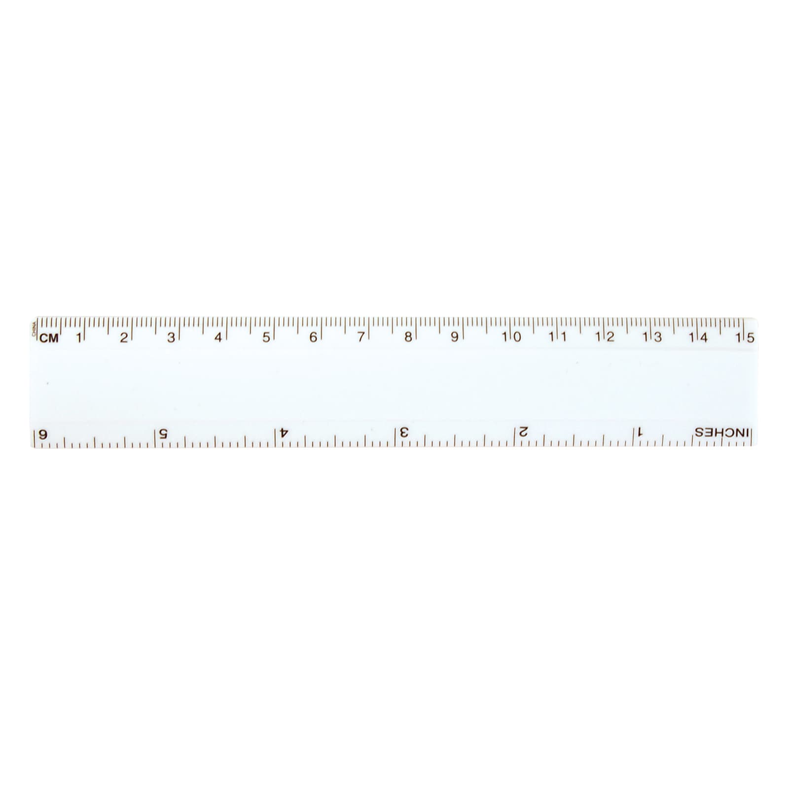 A white 15 cm ruler with both centimeter and inch markings.