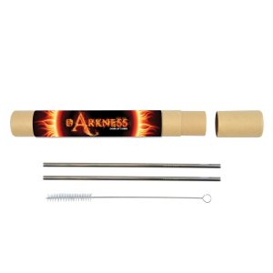 A set of stainless steel straws in a brown tube, accompanied by a cleaning brush. The straws are silver in color.