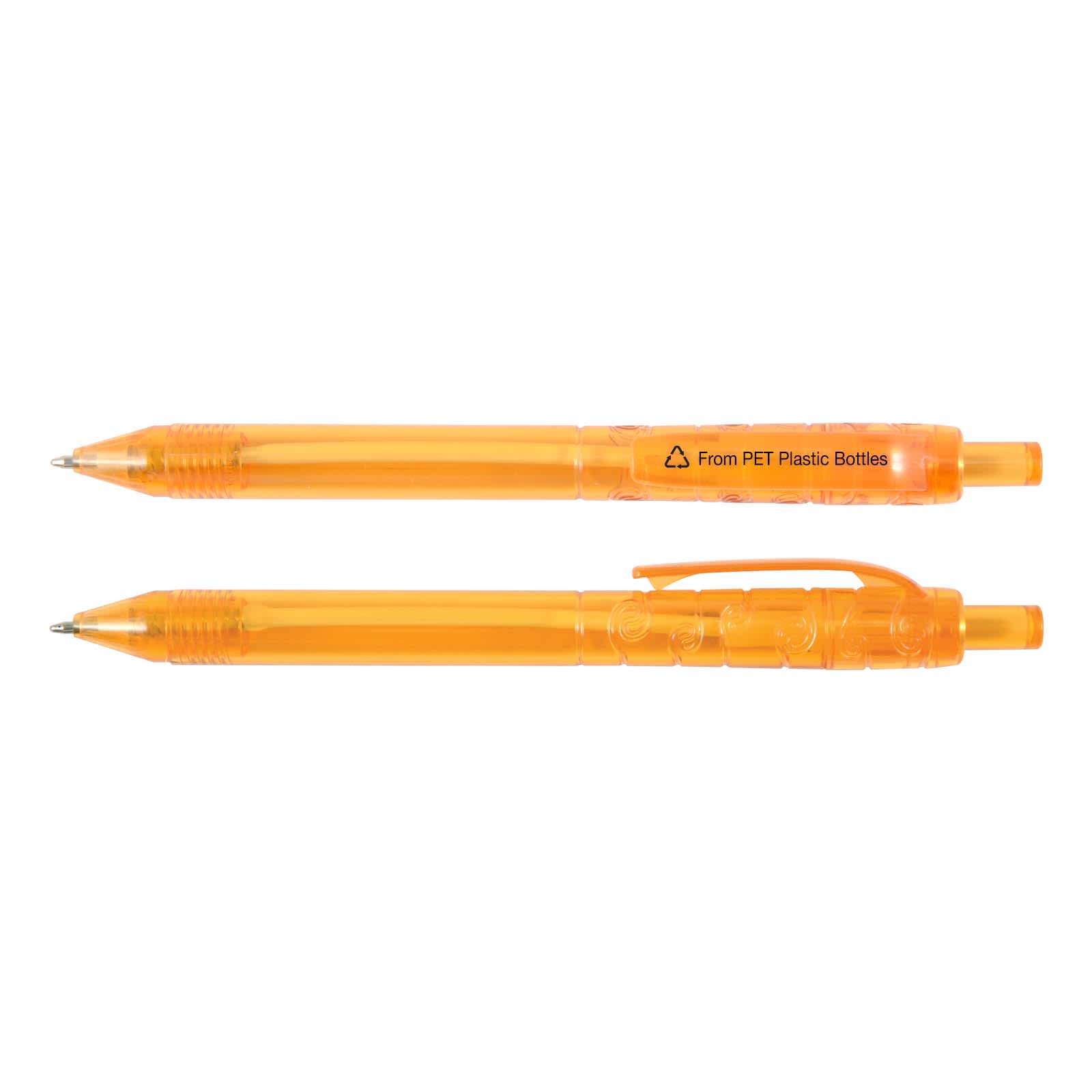 Two orange plastic pens are displayed, featuring a transparent design and one with a clip. Both have a logo.