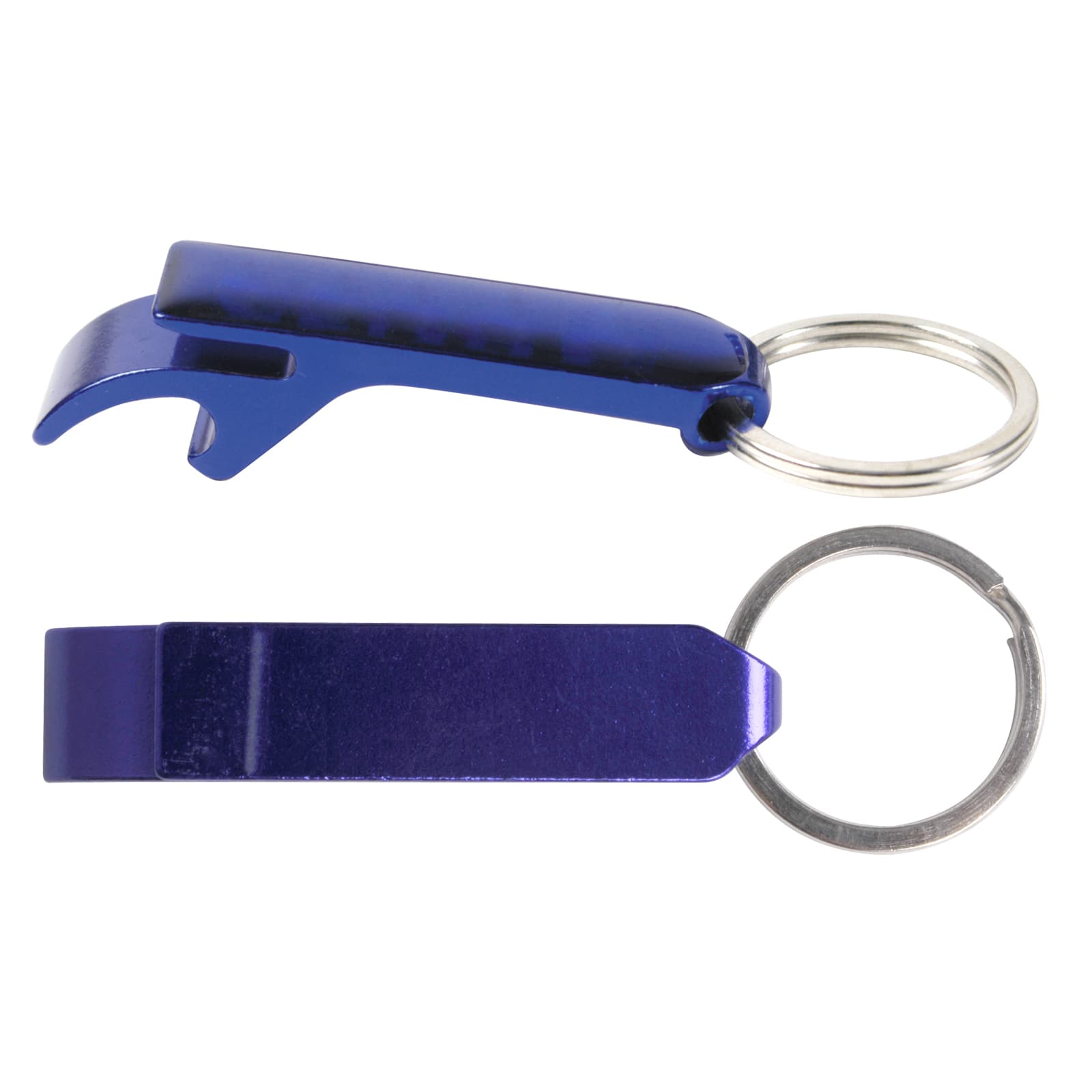 A drink bottle opener keytag in a shiny purple color, featuring a keyring attachment.