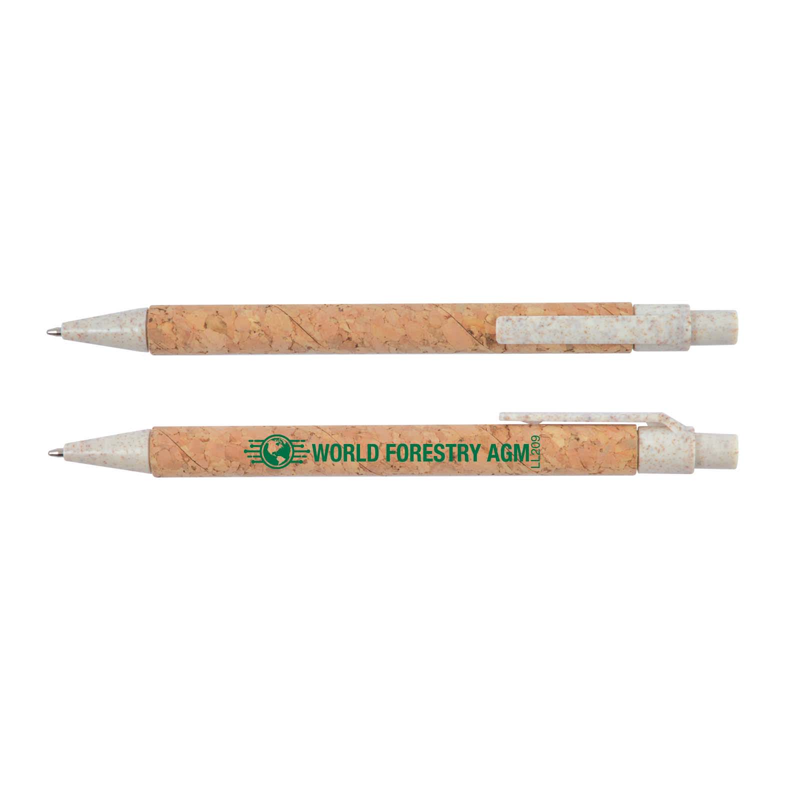 A cork pen with a natural cork barrel and a white top, featuring a printed logo that reads 