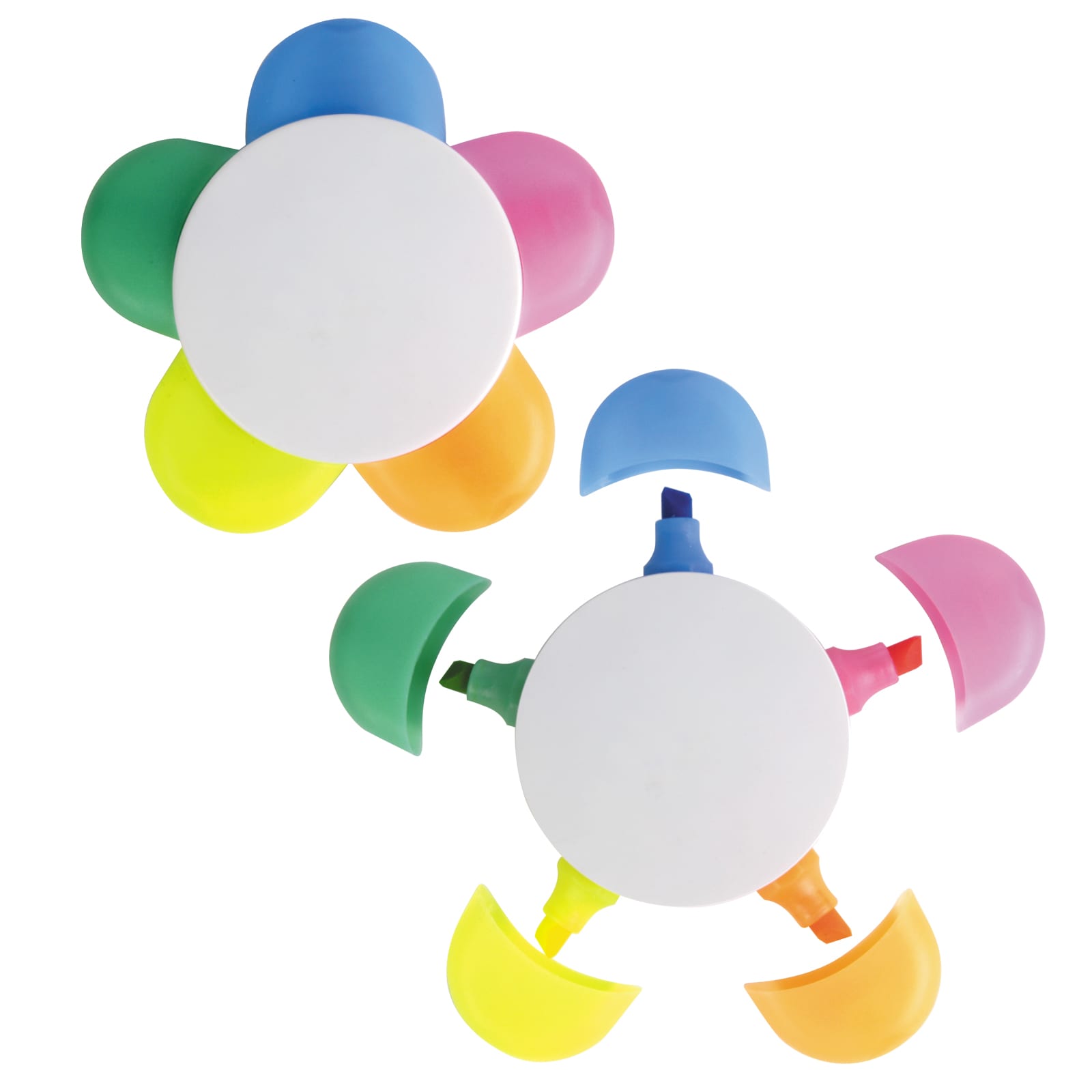 A flower-shaped highlighter set featuring six vibrant colors: pink, green, yellow, blue, orange, and purple, with a central white base.