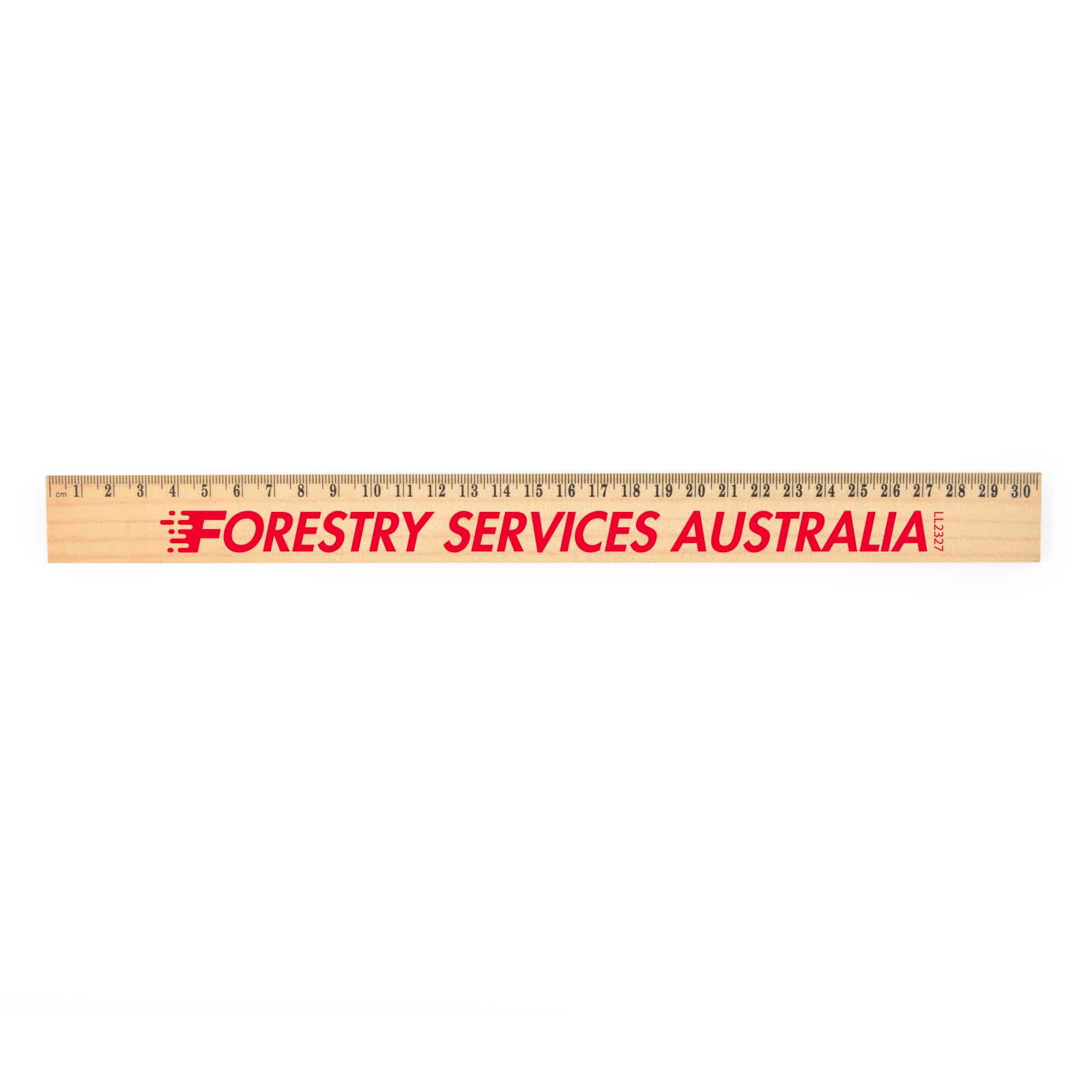 A 30cm wooden ruler with markings for measurement and the text 