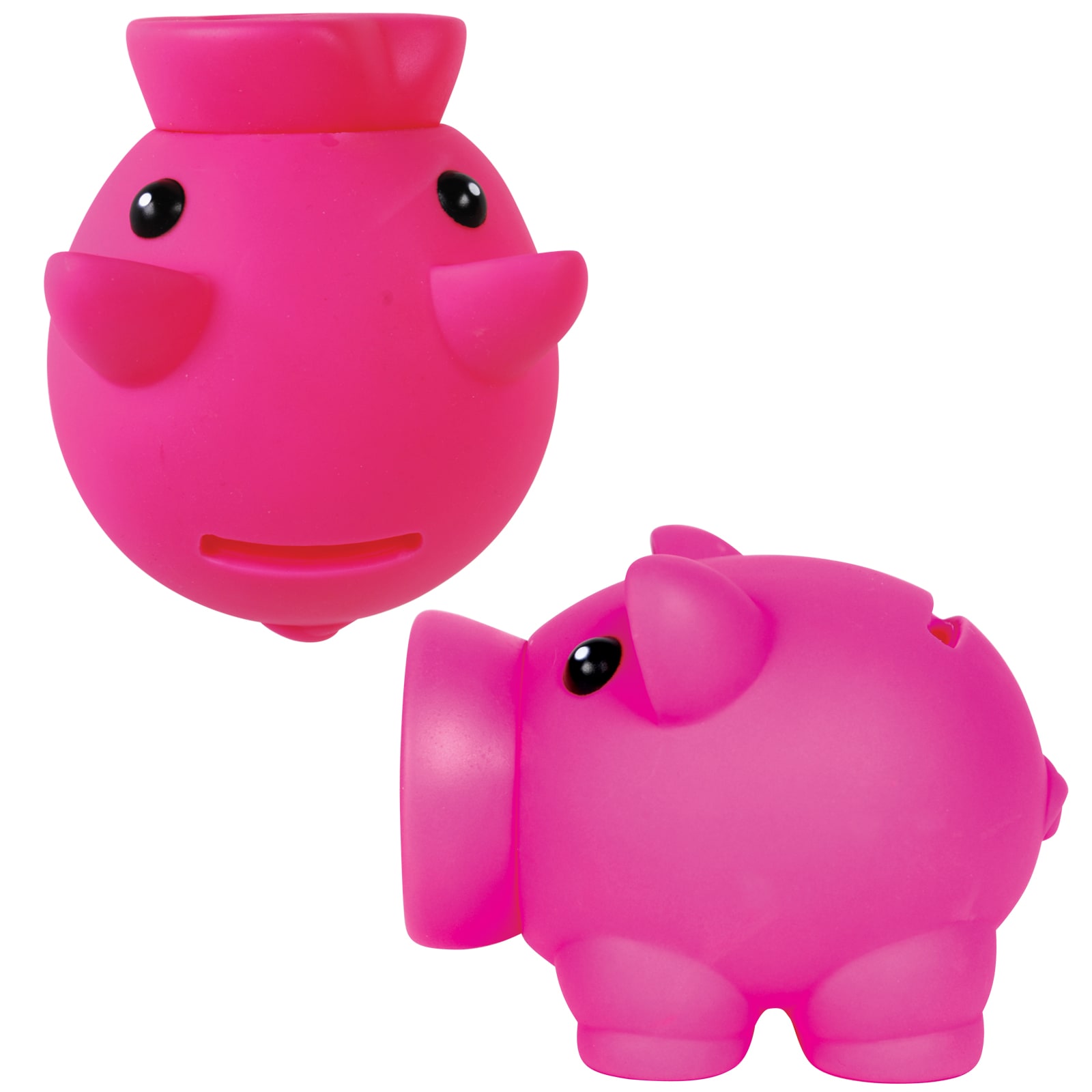 A purple piglet coin bank with black eyes and a smooth finish, featuring a logo on the side.