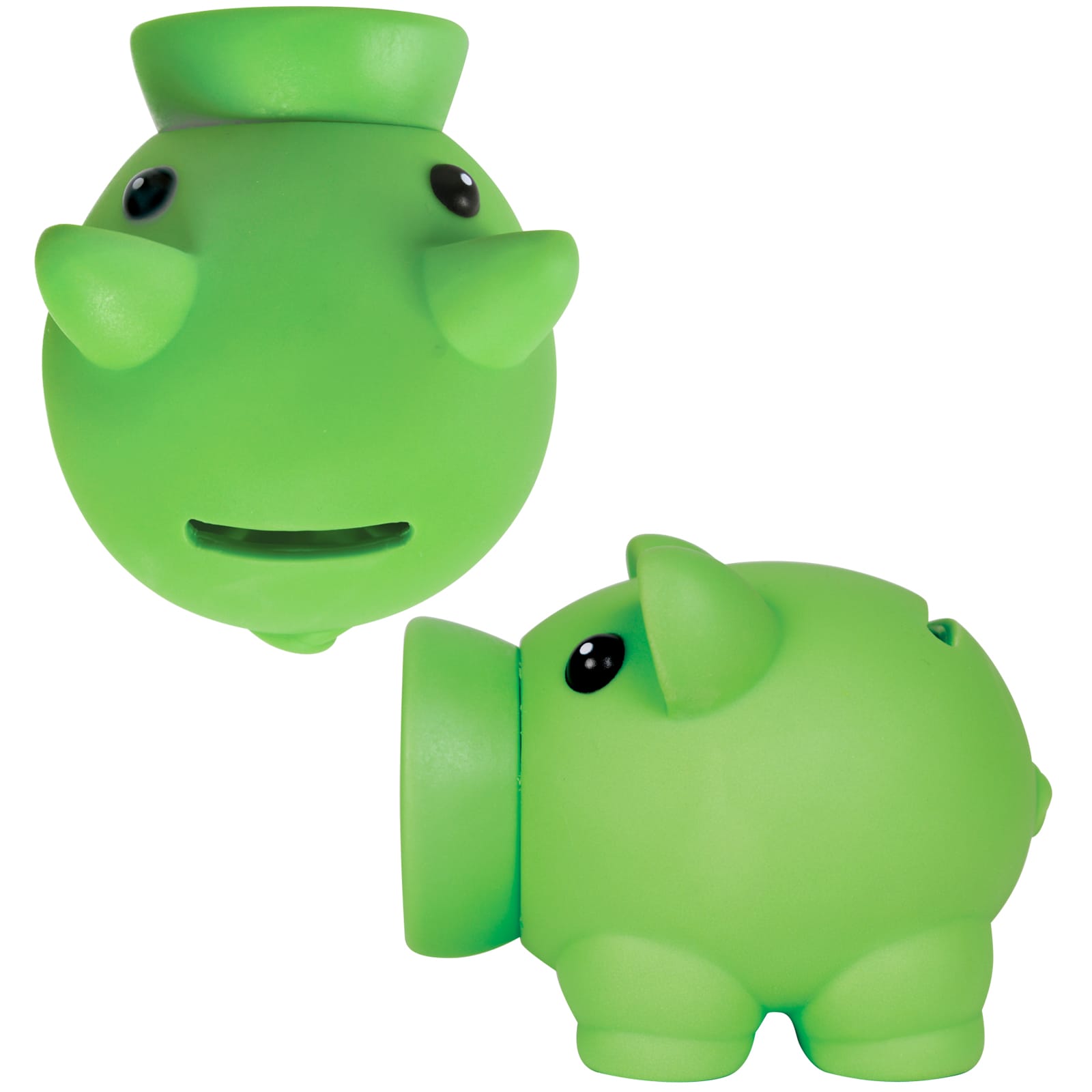 A yellow piggy bank in the shape of a piglet, featuring black eyes and a simple logo.