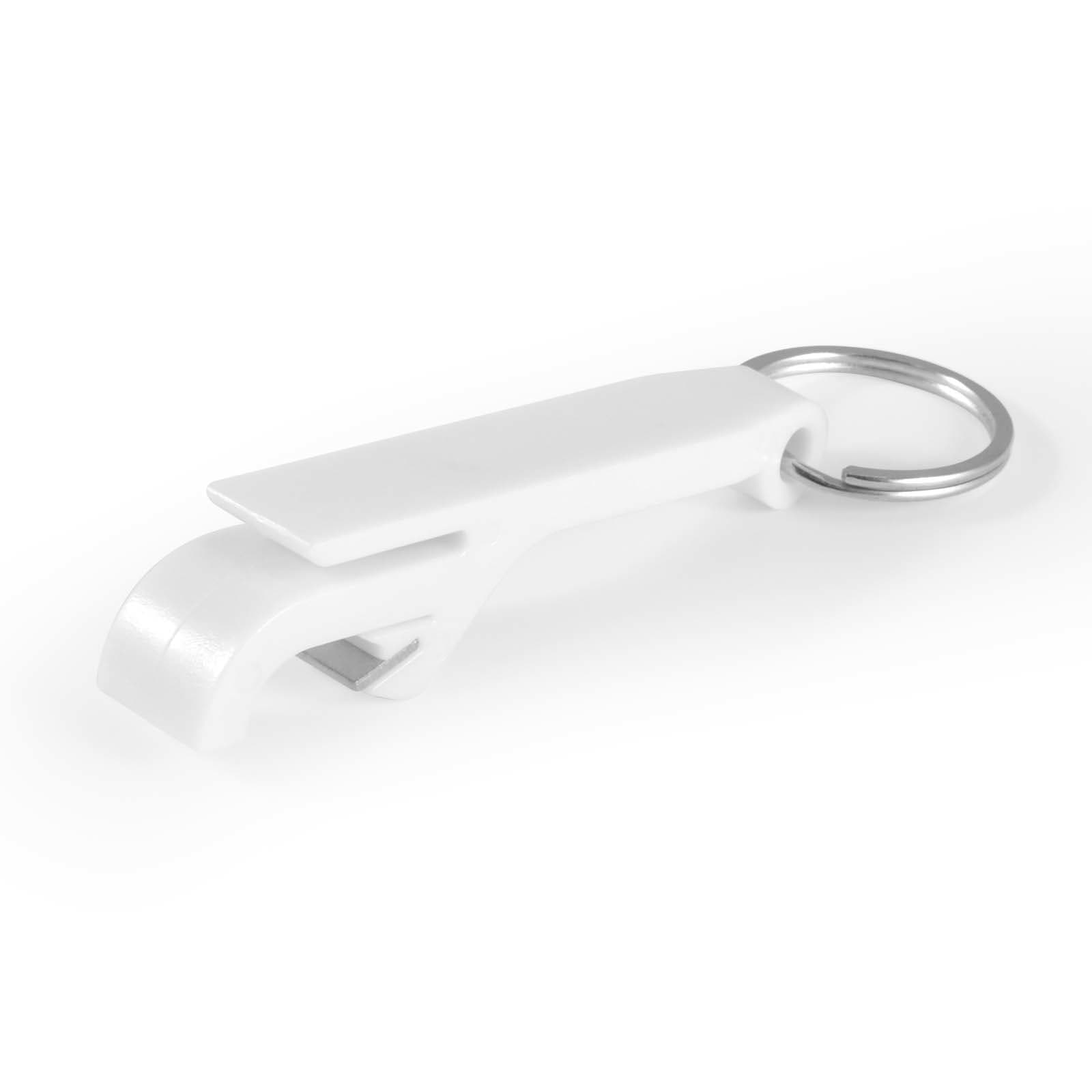 A white keytag with a hook design attached to a metal keyring.