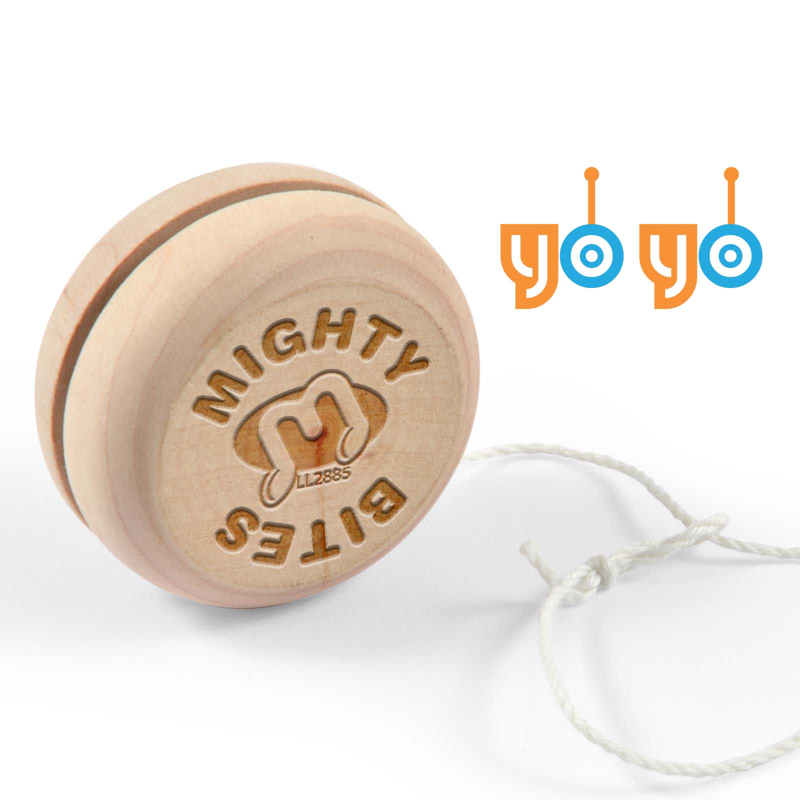 A wooden yo-yo featuring a circular design with 
