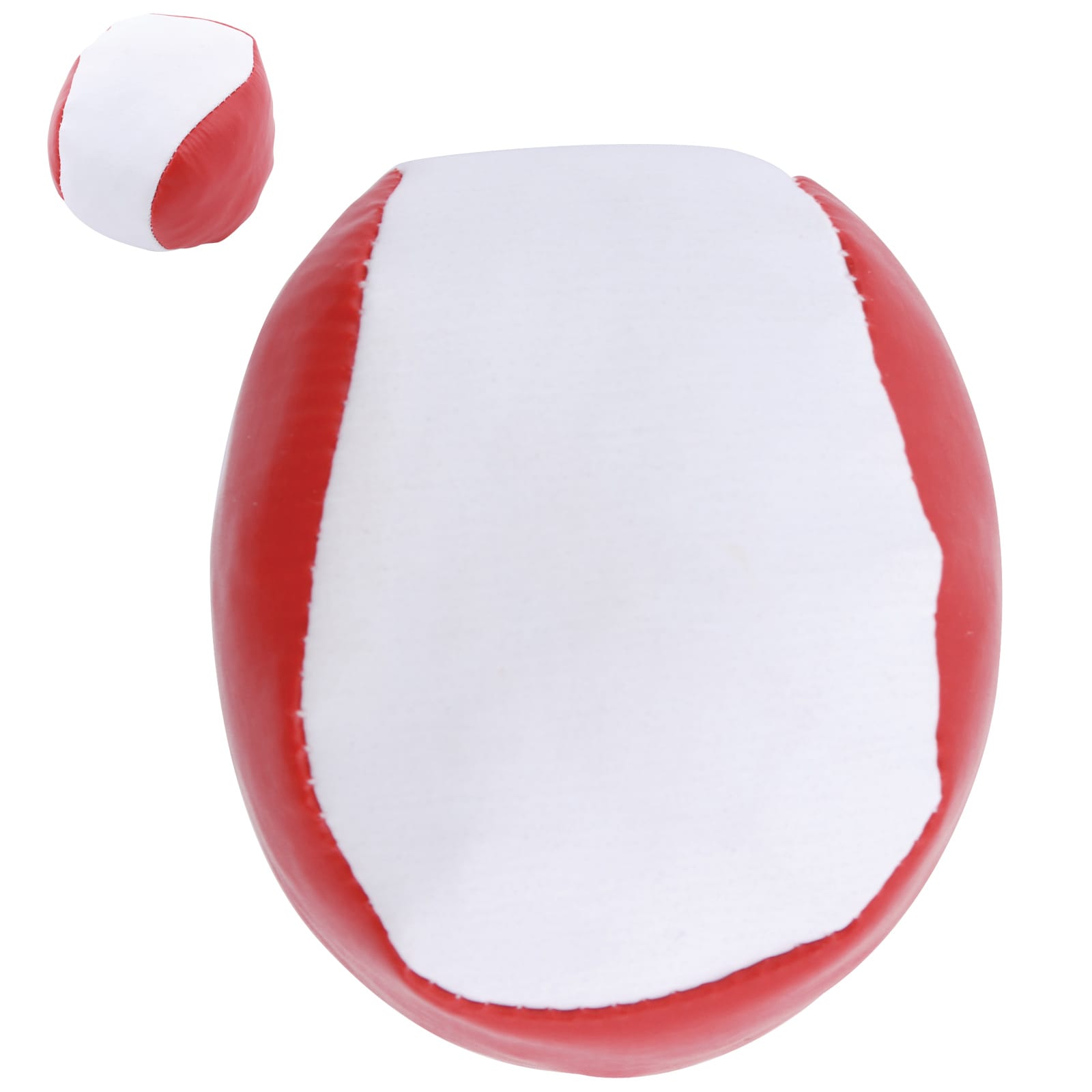 A red and white hacky sack with a rounded shape, featuring contrasting panels and a smooth surface.