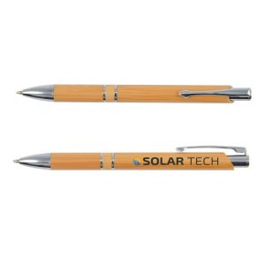 A bamboo pen with silver accents and a logo. The body is made of natural wood, showcasing a smooth finish.