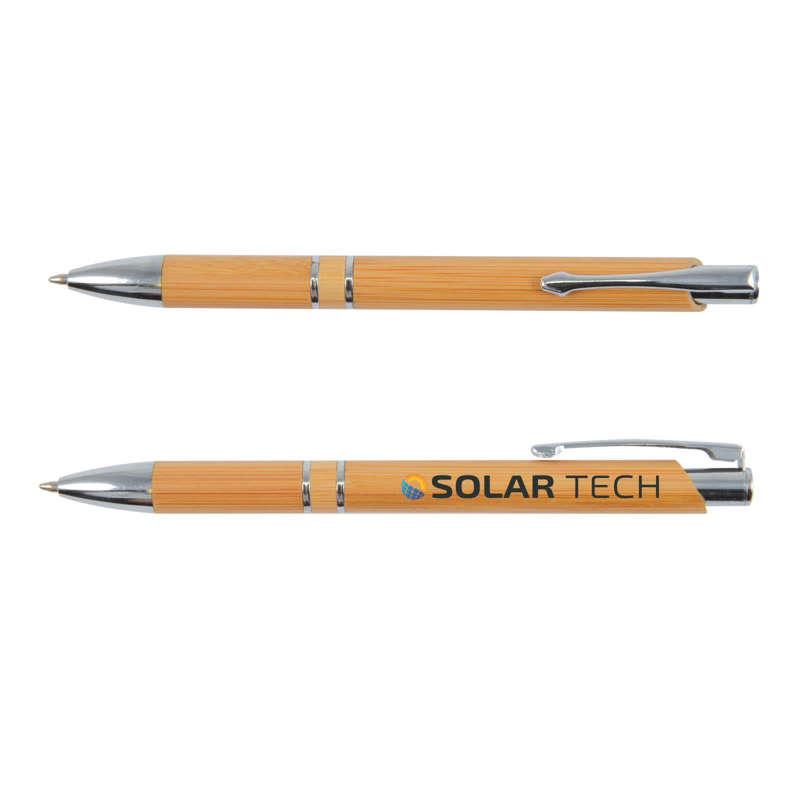 A bamboo pen with silver accents and a logo. The body is made of natural wood, showcasing a smooth finish.