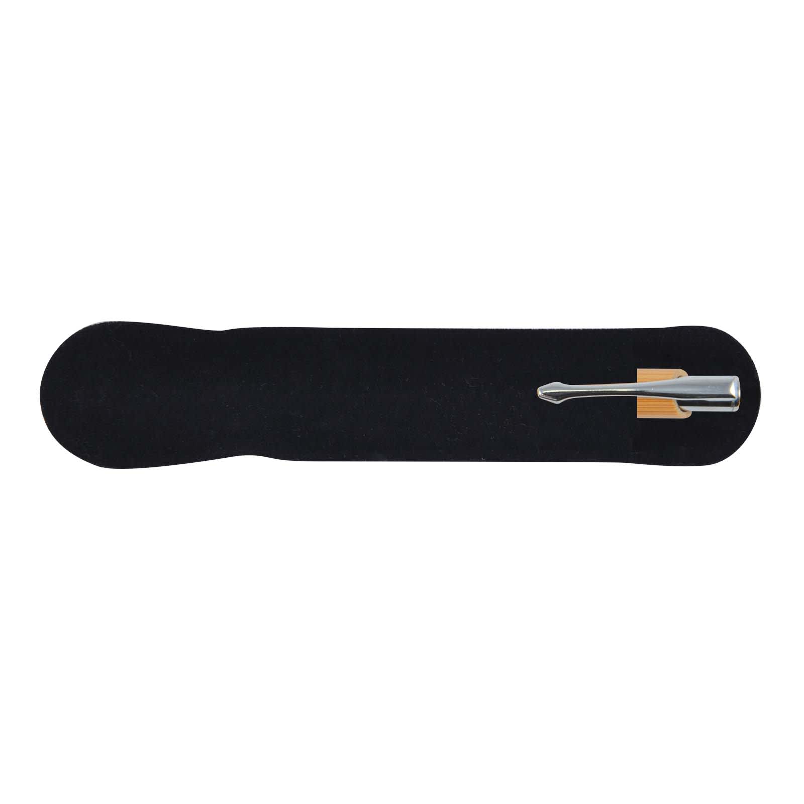 A bamboo pen with a silver tip displayed on a black background. The pen includes a holder.