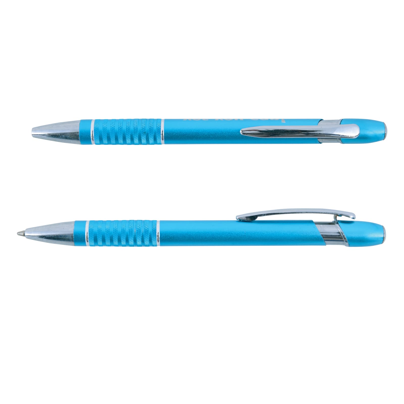A metal pen featuring a vibrant blue body and chrome accents, with a textured grip and a clip, showcasing a logo.