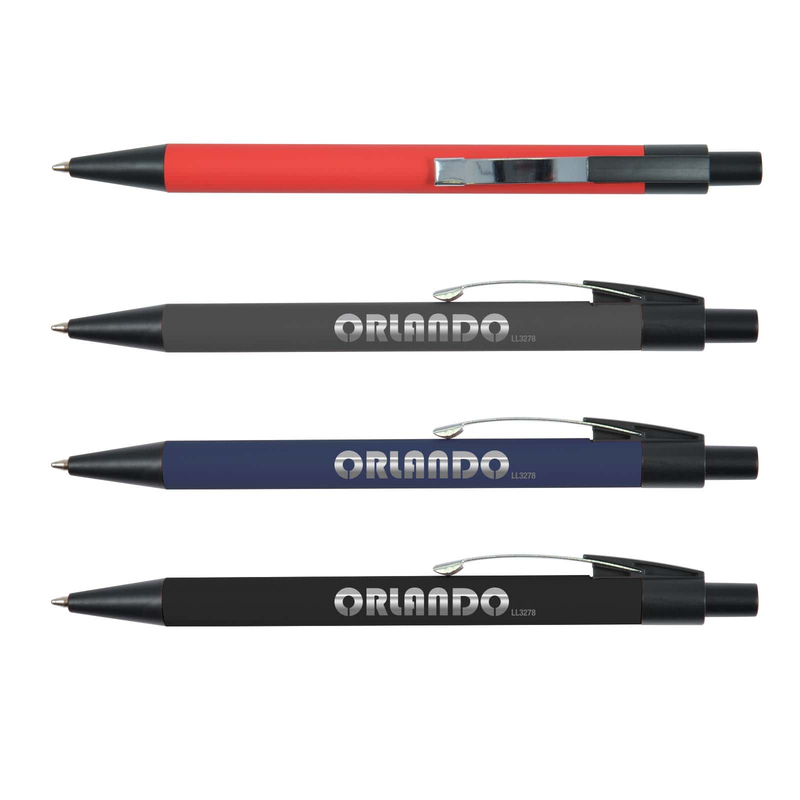 A set of four metal pens in red, gray, blue, and black featuring branding on the barrel.