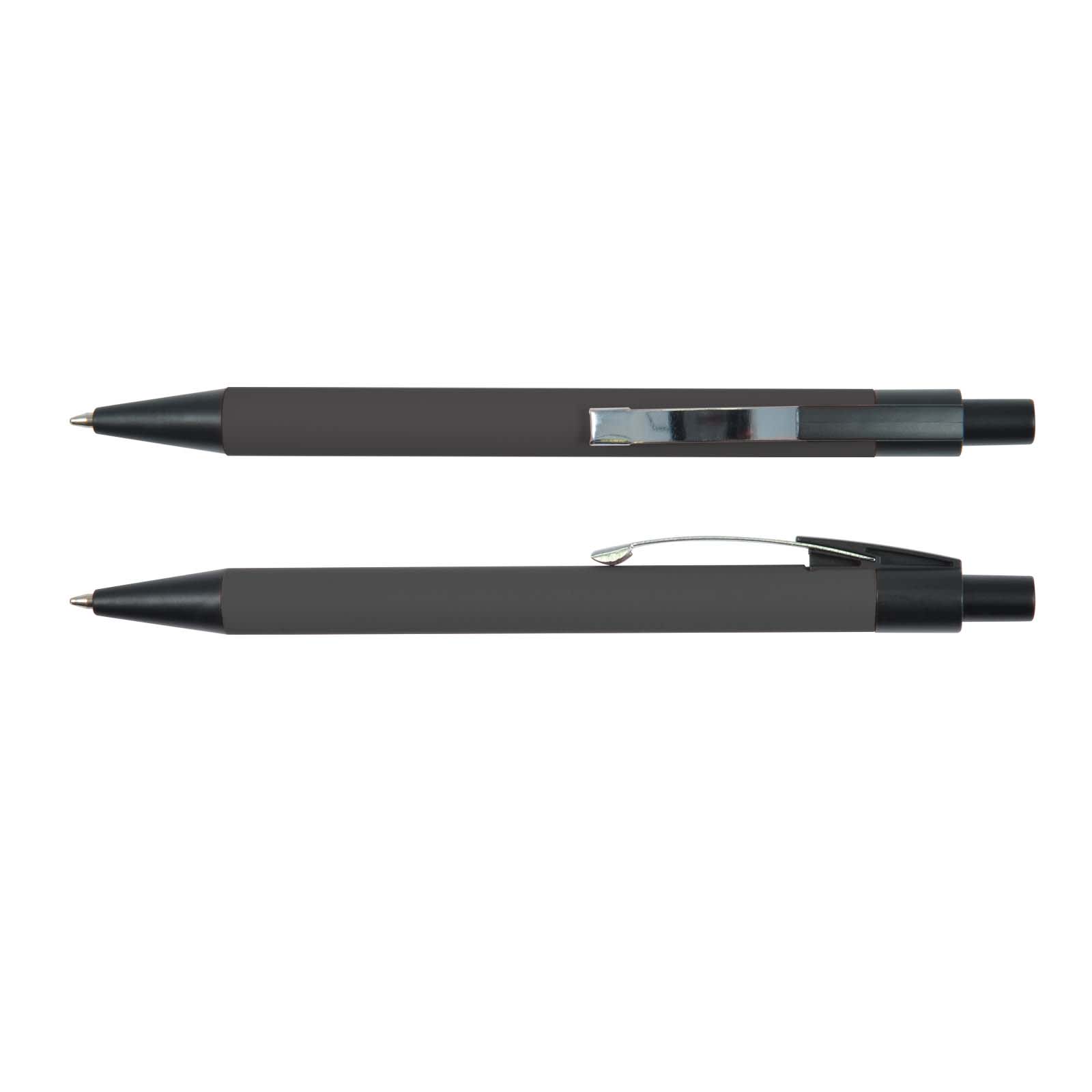 A set of two sleek metal pens in black with a silver clip, featuring a modern design.