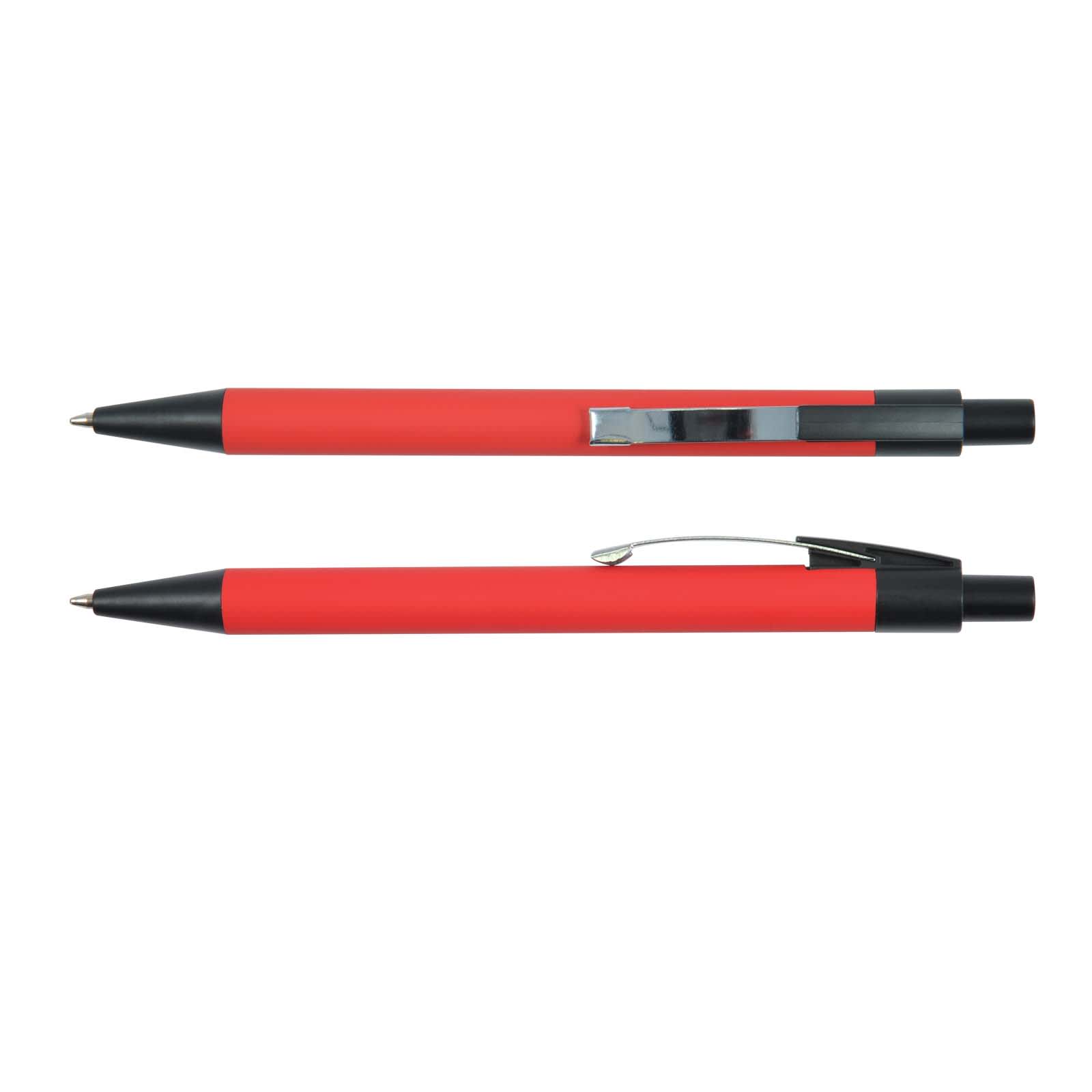 A metal pen set featuring a sleek red barrel with black accents and a chrome clip.