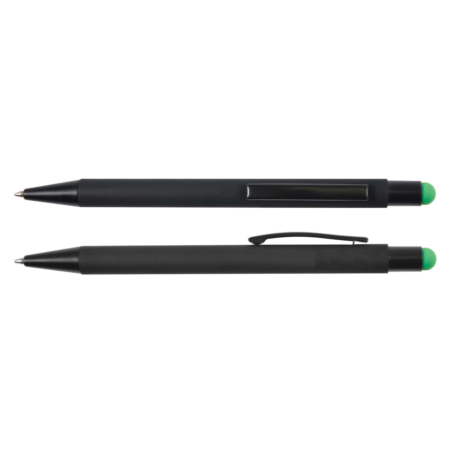 A black pen and stylus with a green tip, featuring a clip and a transparent section.