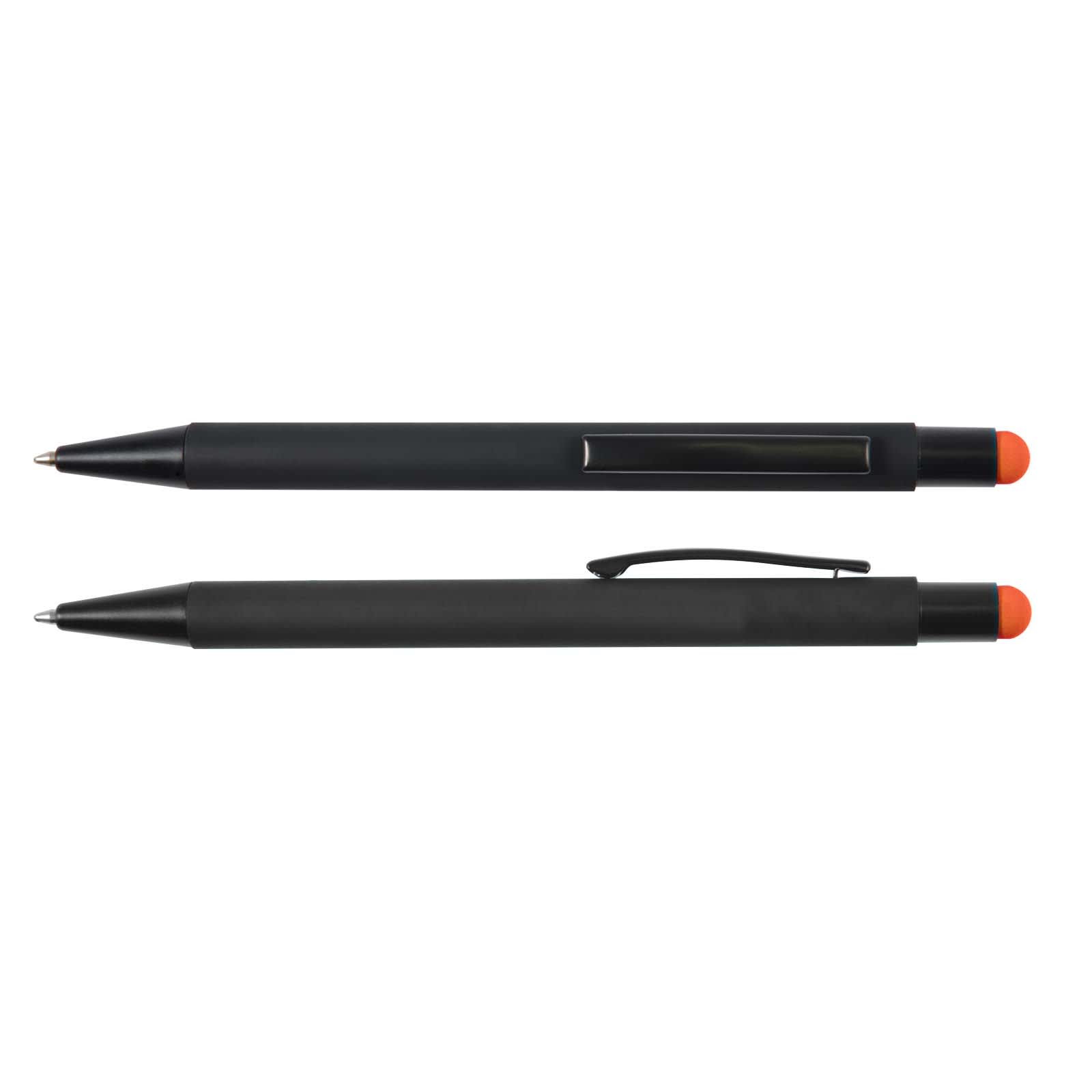 A black pen and stylus with an orange tip. The pen features a clip and a clear window section.