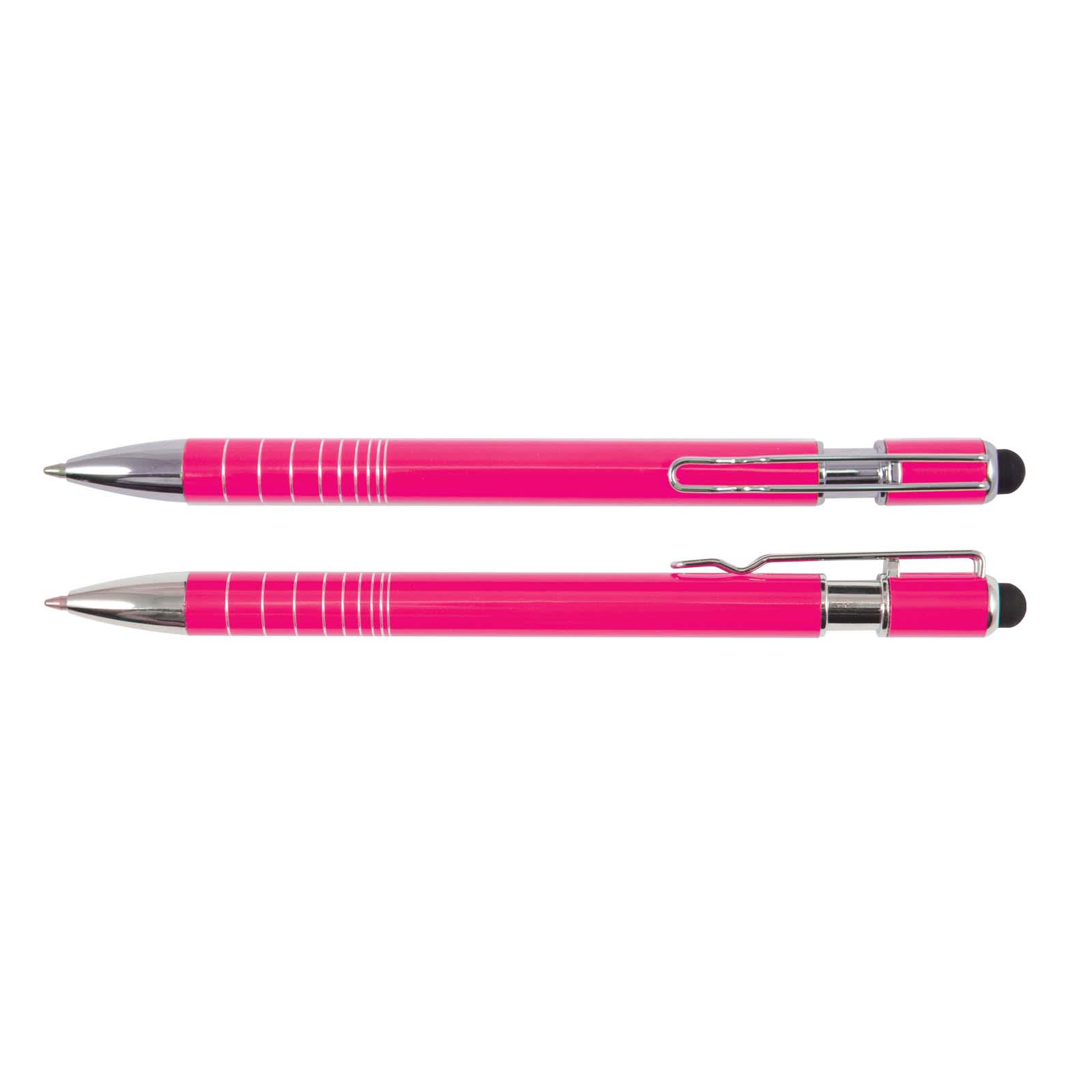 A pink pen and stylus set featuring a metallic silver clip and accents, with a glossy finish and branding.