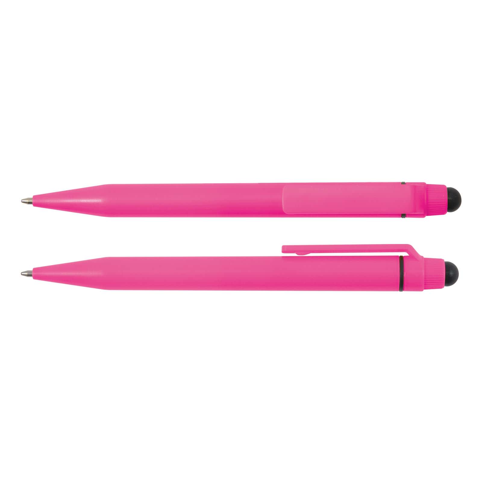 A pink stylus pen is displayed, featuring a sleek design with a sturdy clip and a soft tip for touchscreen use.