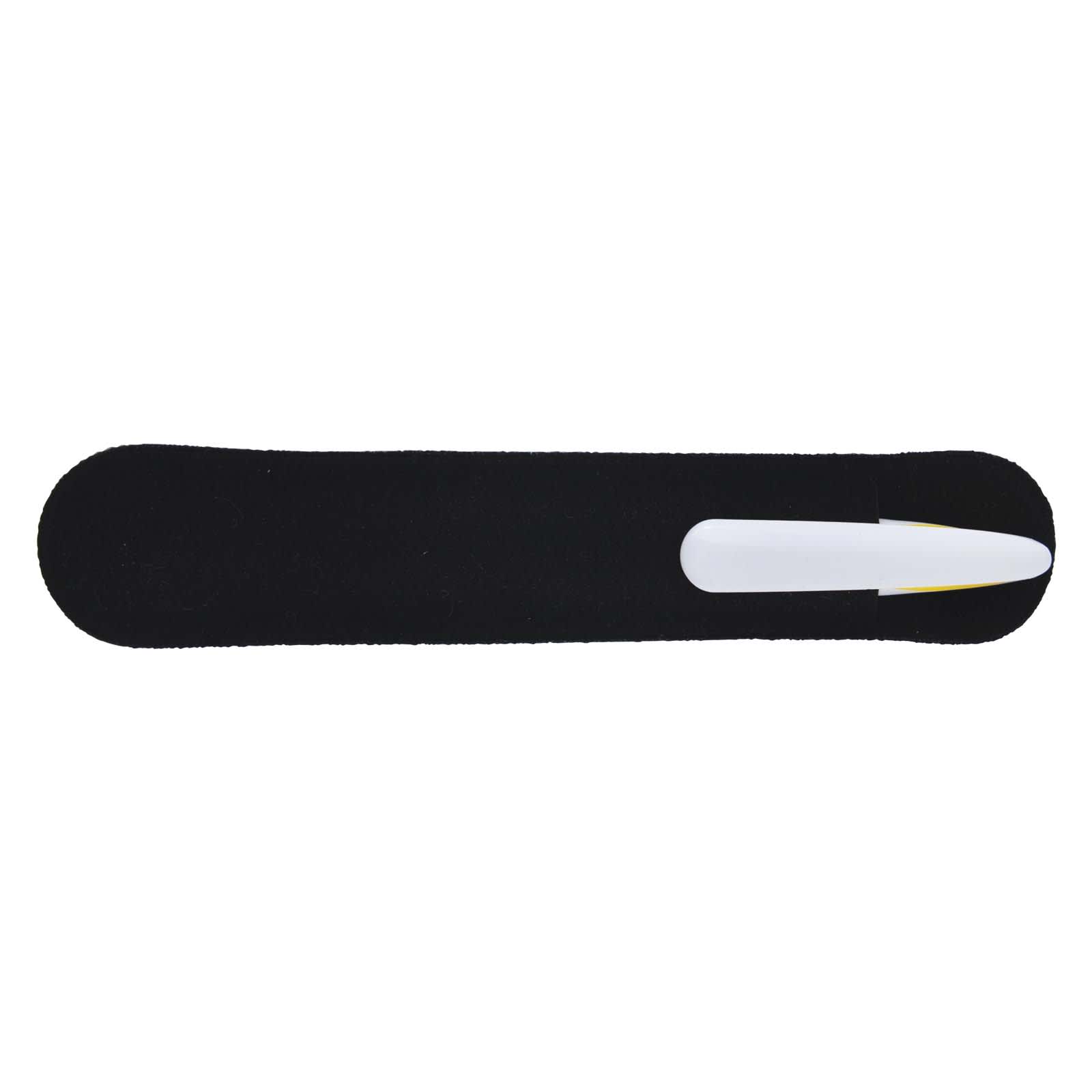 A black pen with a white tip and a logo, designed for writing purposes.