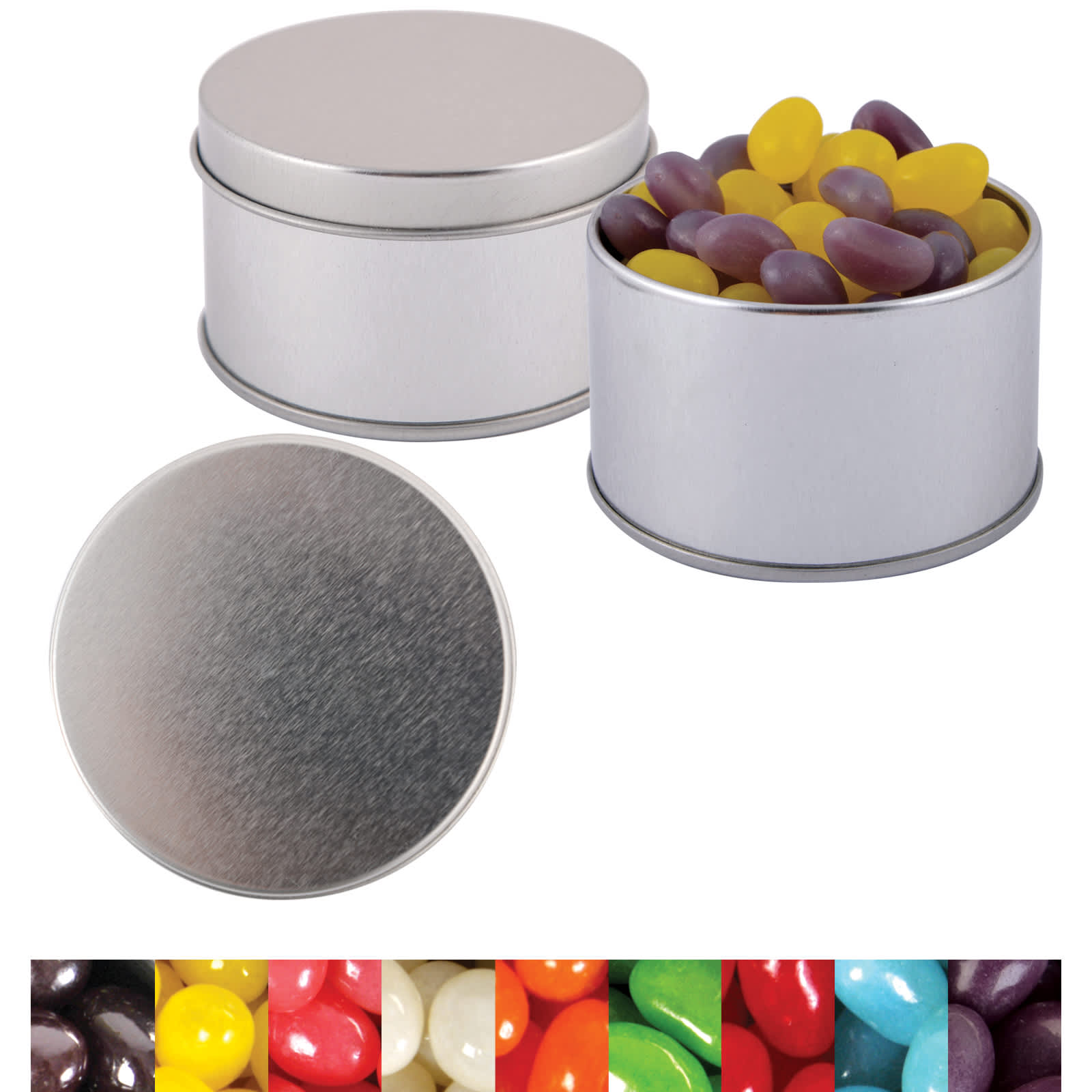 Silver round tin filled with assorted jelly beans in purple, yellow, and more colorful varieties. Tin has a smooth lid.