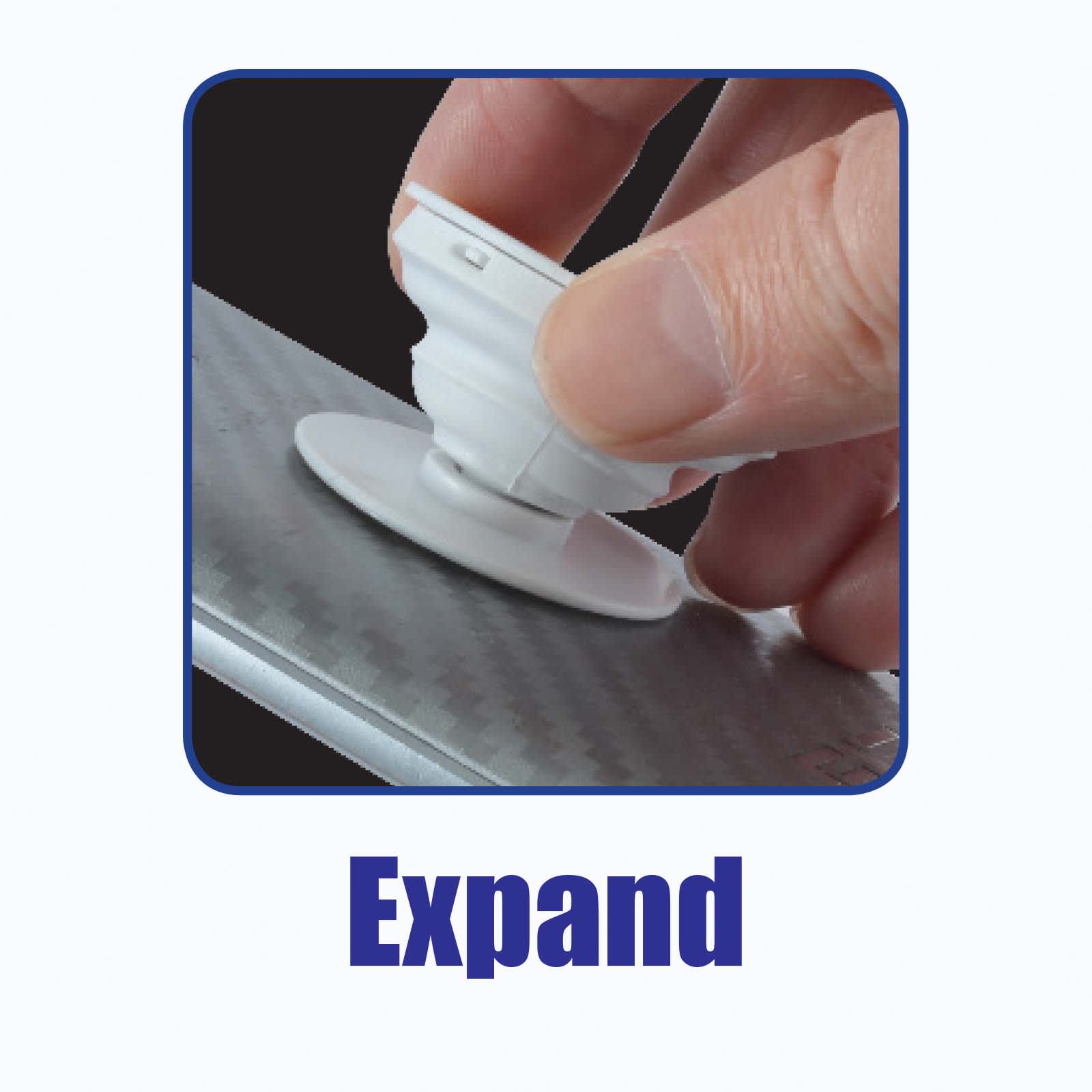A phone grip is being expanded by a hand, with a textured background showcasing its design.
