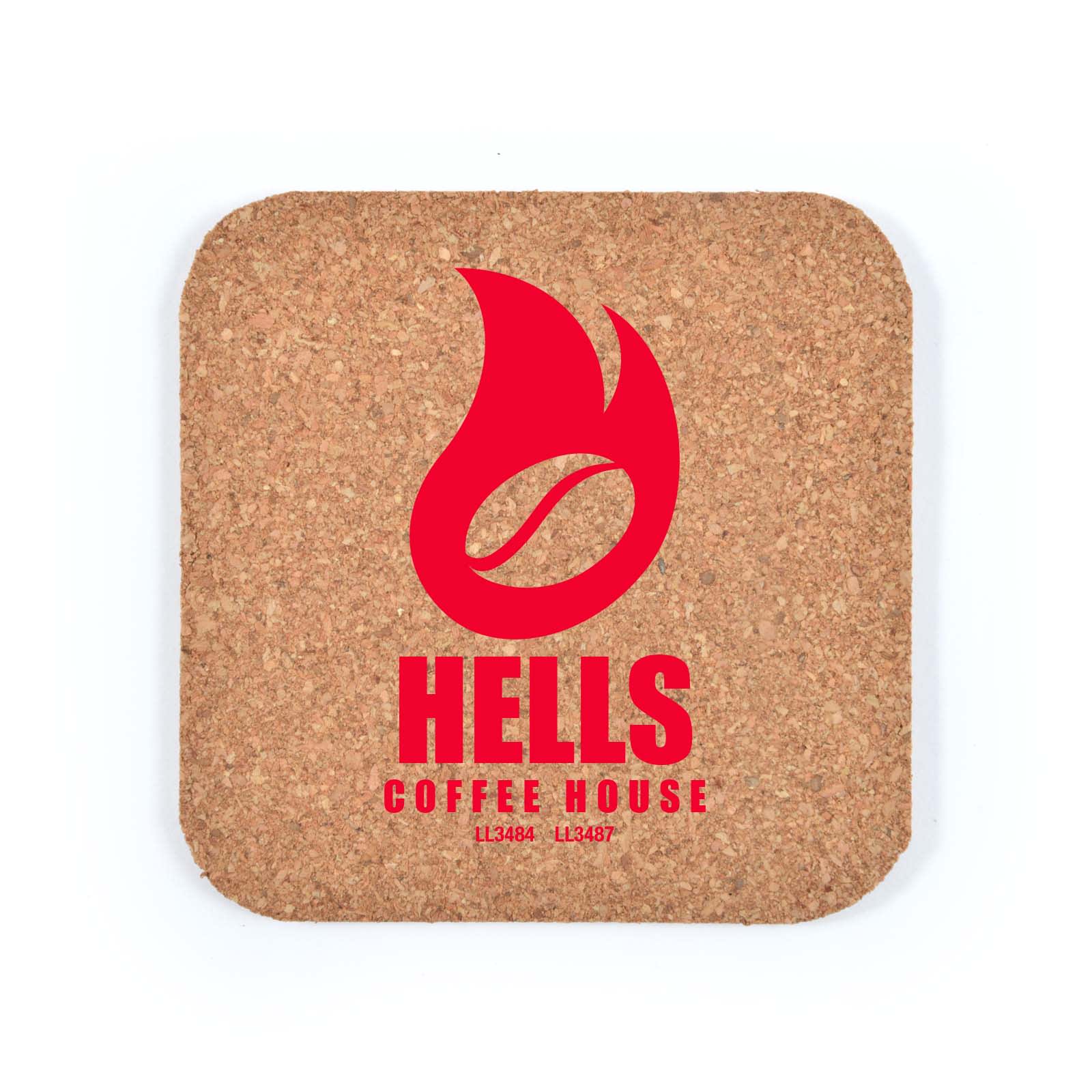 A square cork coaster featuring a red flame design alongside the text 