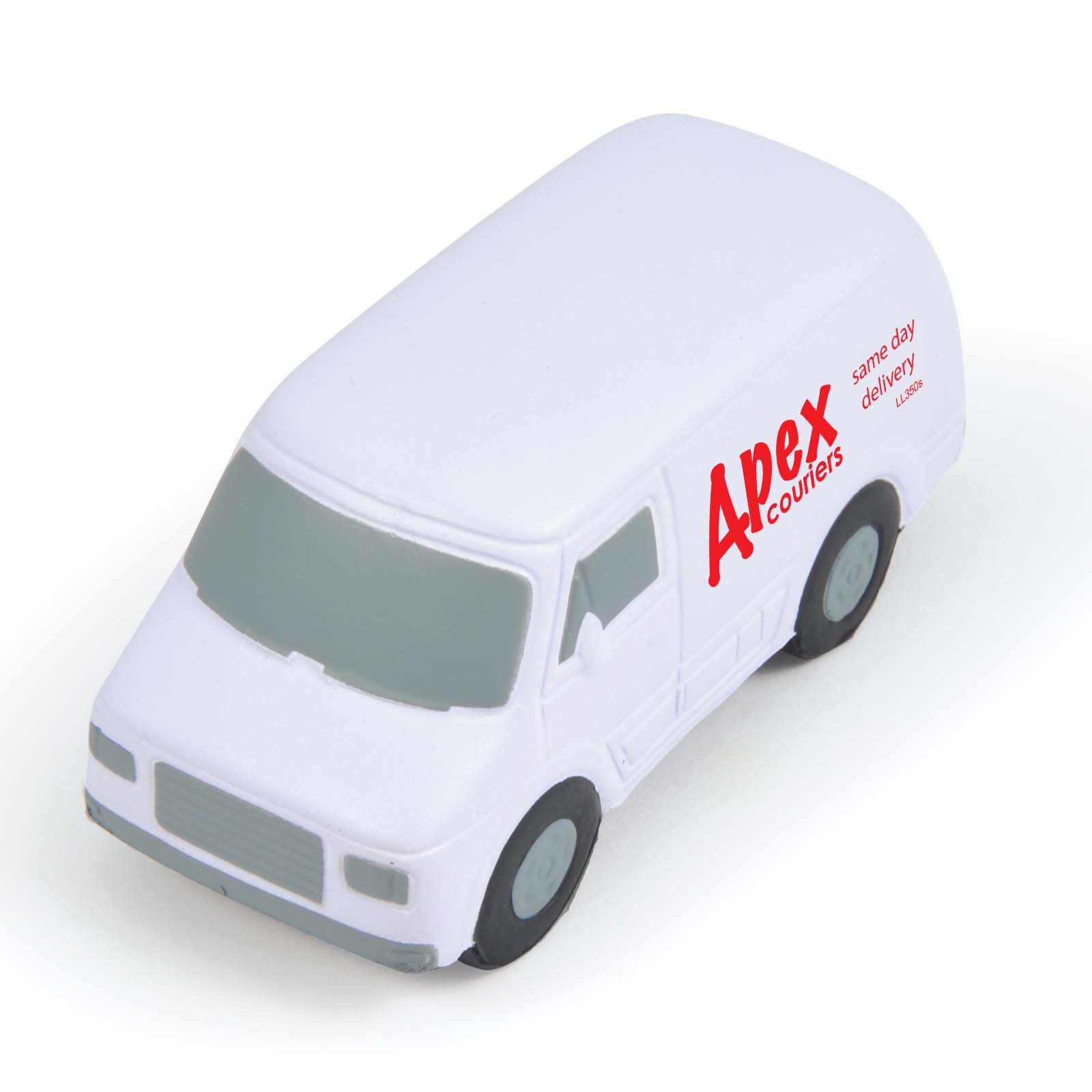 A white stress reliever in the shape of a transit van, featuring the text 