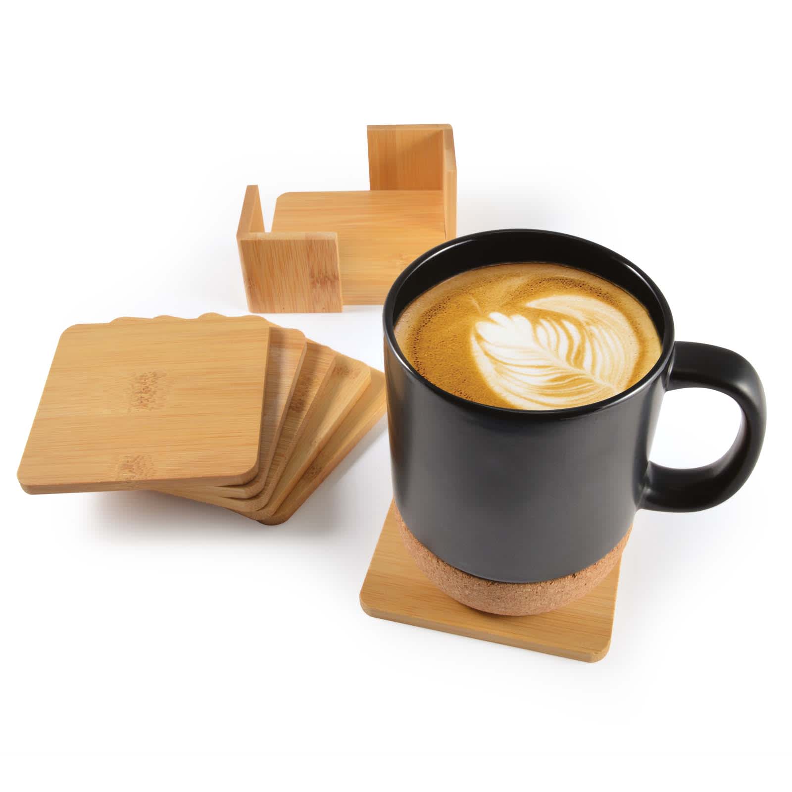 A black mug on a bamboo coaster, surrounded by a set of five additional bamboo coasters.