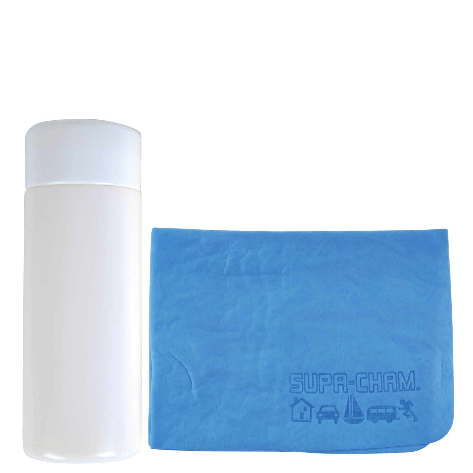A drink bottle with a white cap next to a blue chamois cloth embossed with the Supa Cham logo.