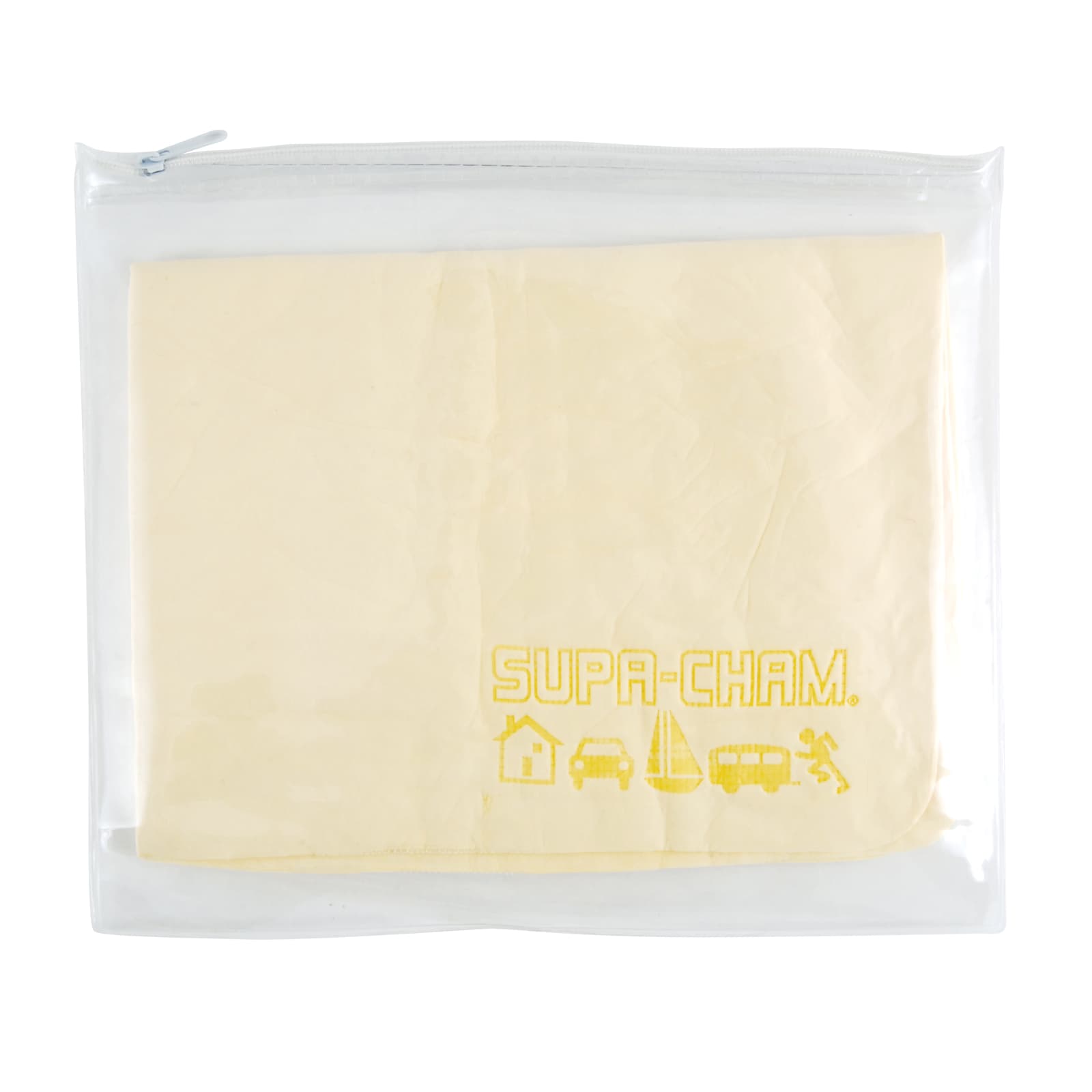 A clear pouch containing a yellow chamois cloth, labeled 