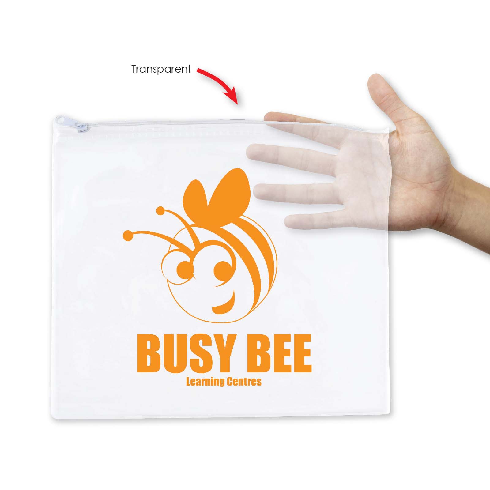 A transparent pencil case featuring a playful bee graphic and the text 