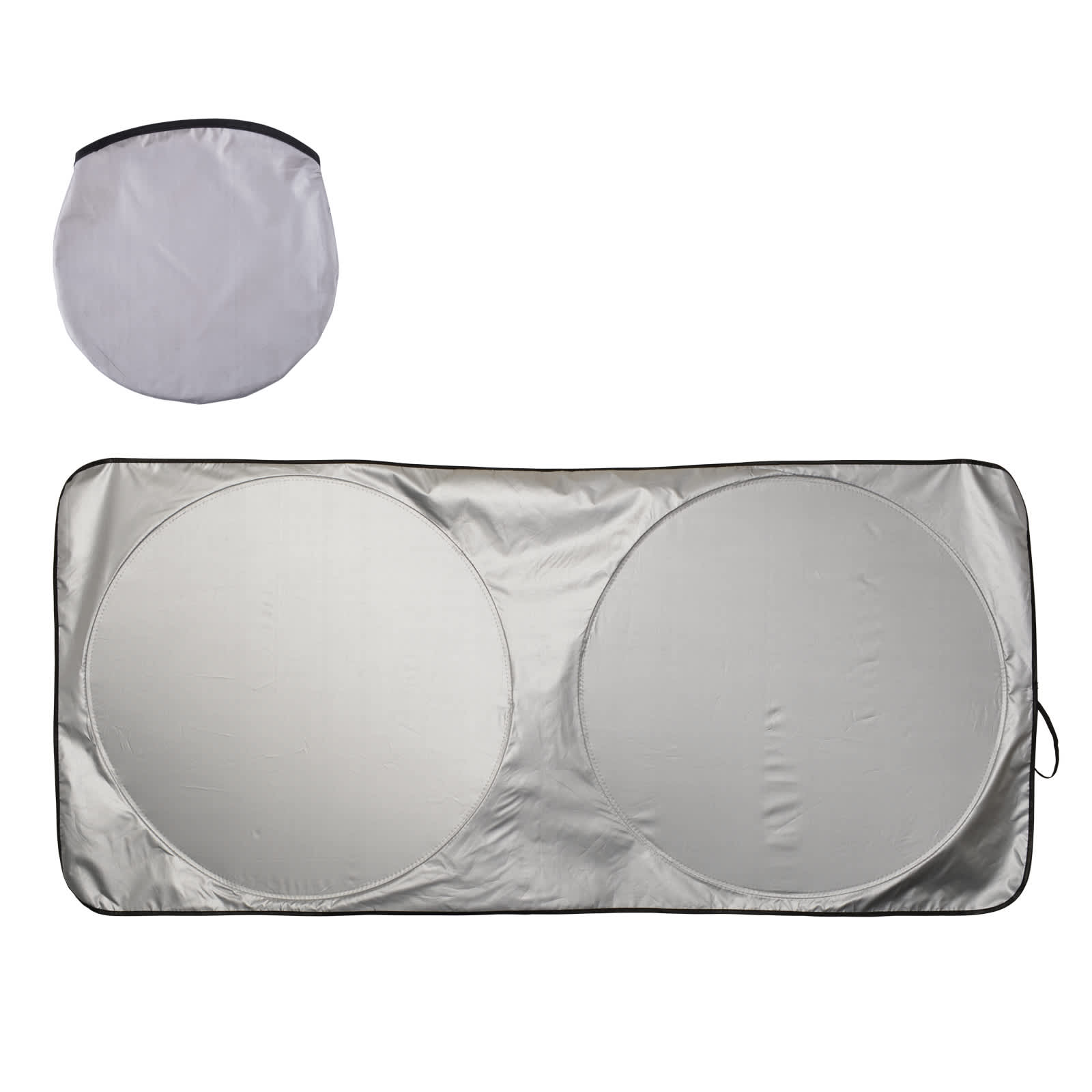 A silver summer car sun shade with two circular sections, folded into a round shape for storage. It has a logo.