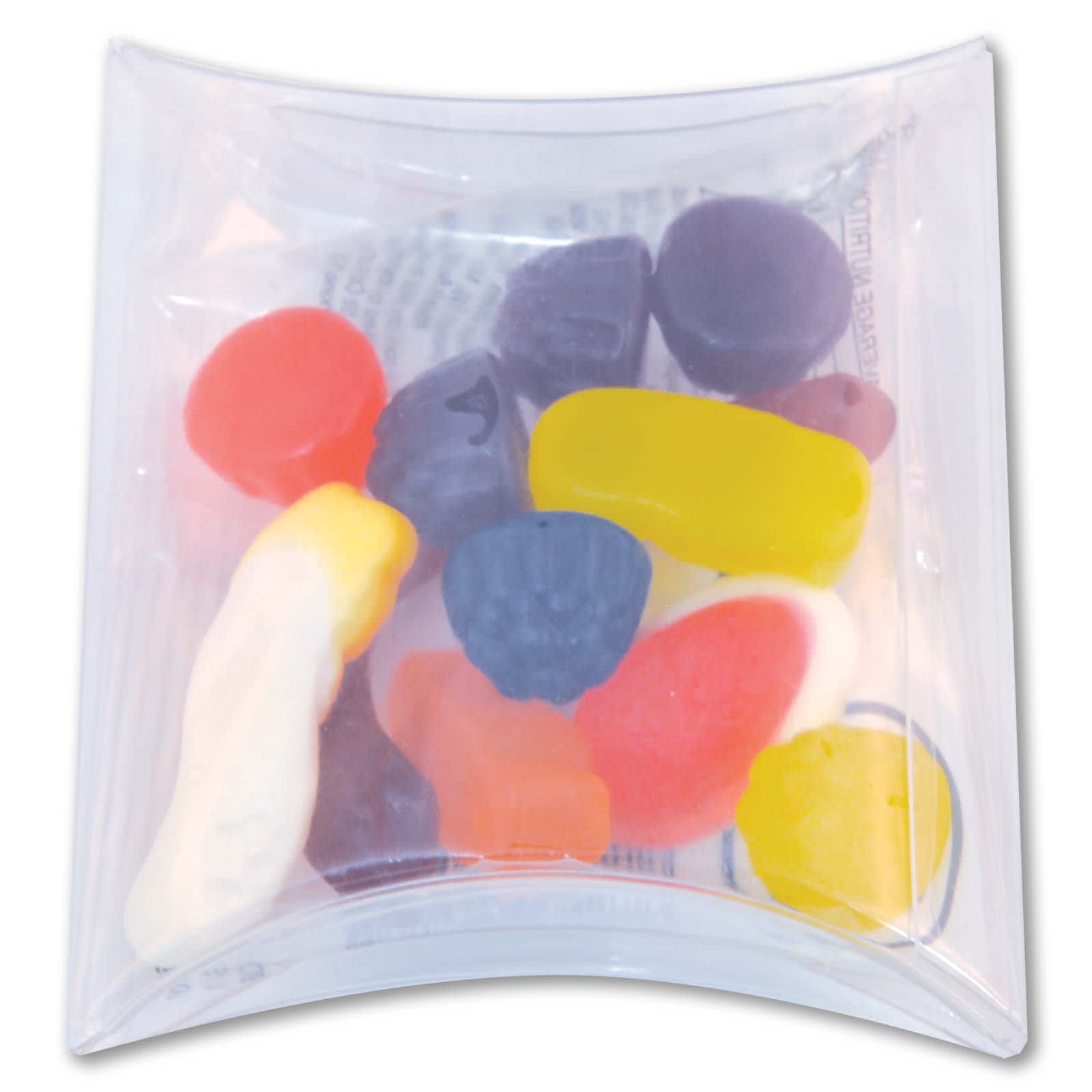 Assorted jelly candies in a clear pillow pack, featuring various shapes and colors including red, yellow, purple, and white.
