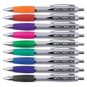 A collection of metal pens in various colours, including orange, red, purple, green, blue, and black, with branding.