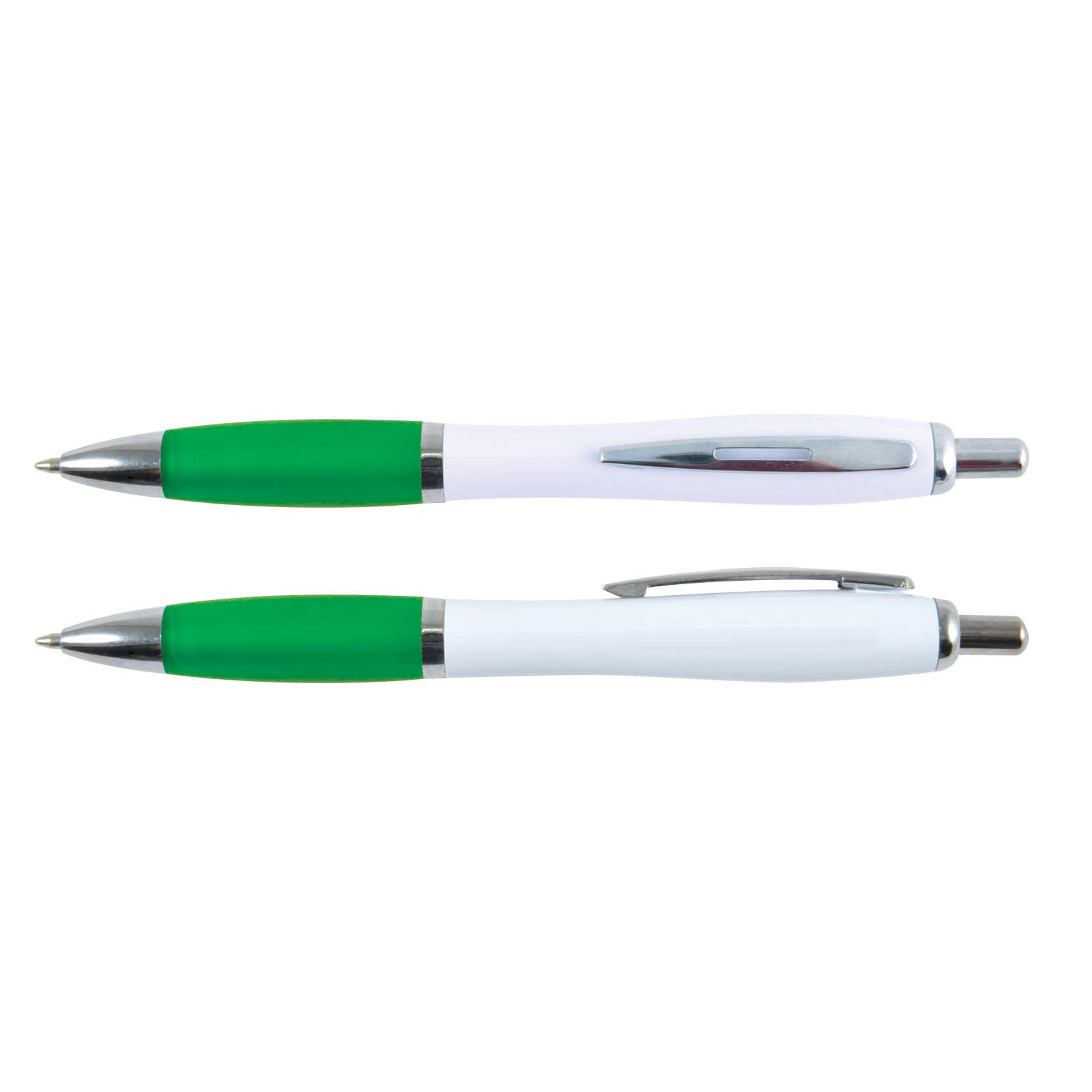 A set of two plastic pens with white barrels and green accents, featuring chrome trim and a clip.