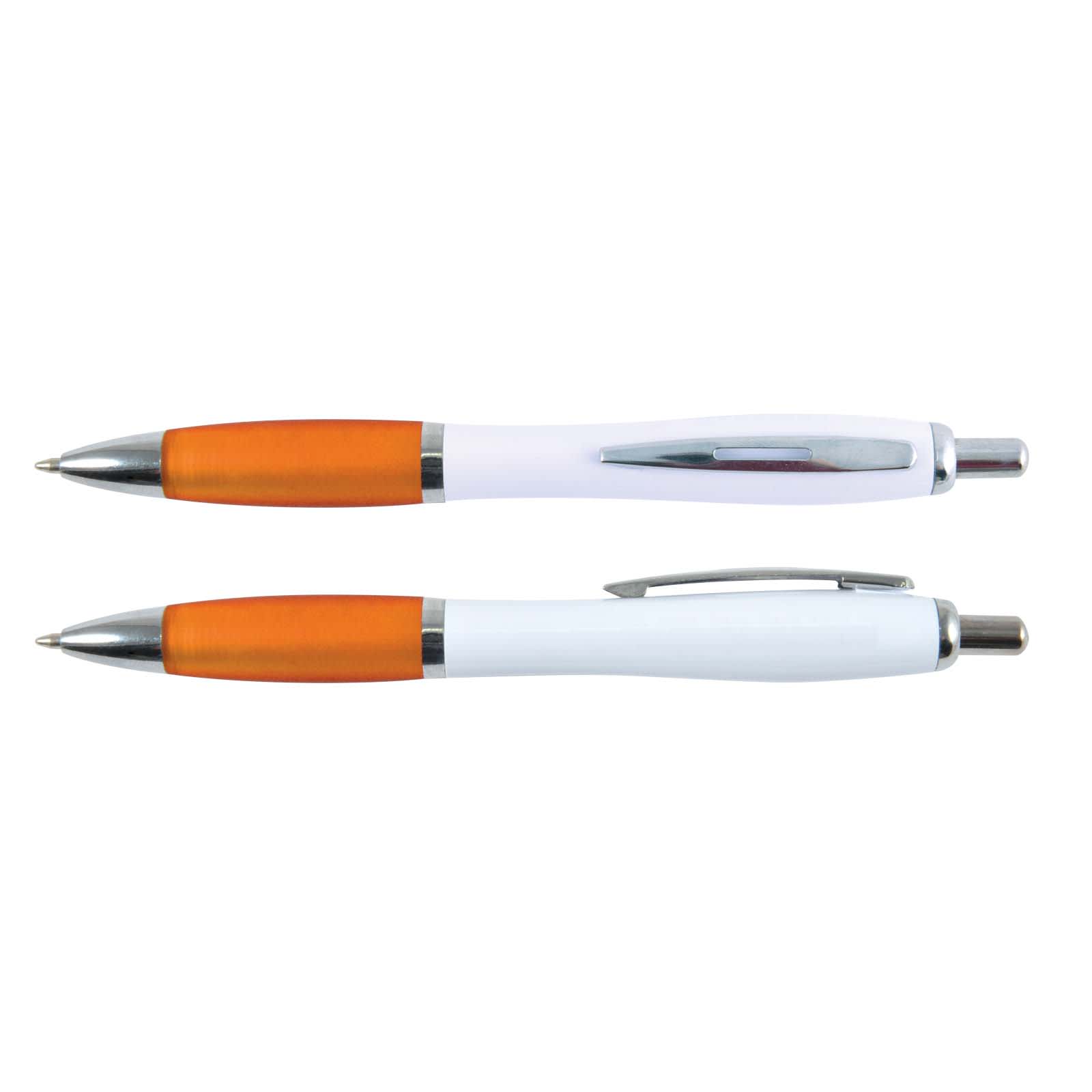 A set of Viva Pens with a white barrel and orange accents, featuring a sleek design and chrome detailing.