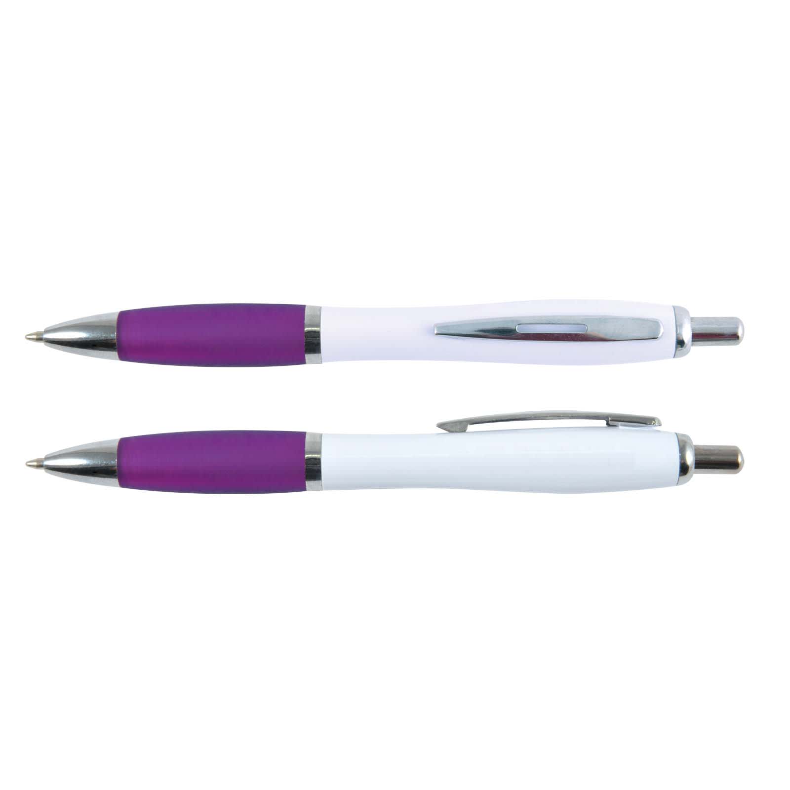 Two plastic pens with a white barrel and purple grip, featuring silver accents. One pen has a clip.