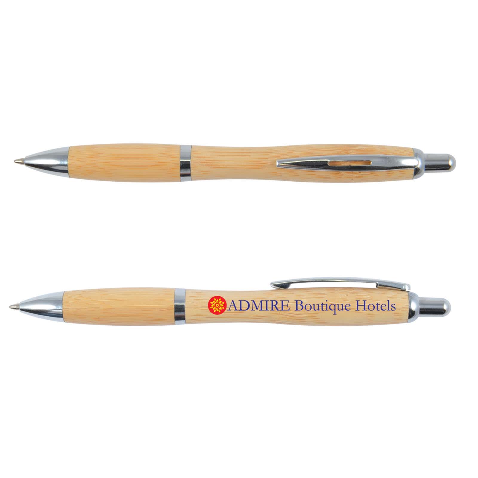 A bamboo pen featuring a sleek design with silver accents and a printed logo for 
