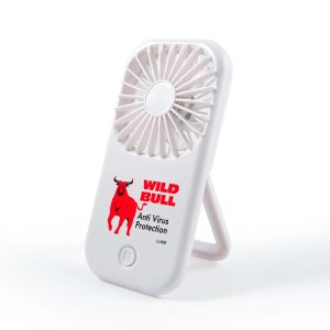 A portable white fan with a stand, featuring a logo and a red design. Ideal for outdoor leisure use.