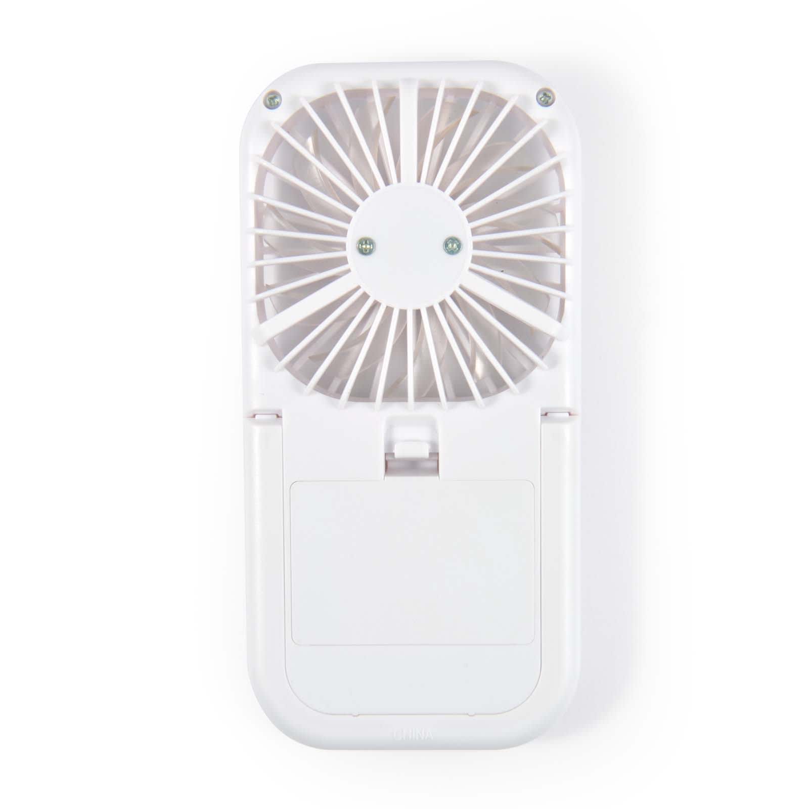 A portable Sirocco Fan in white, featuring a compact design with a circular fan grill and a foldable stand.