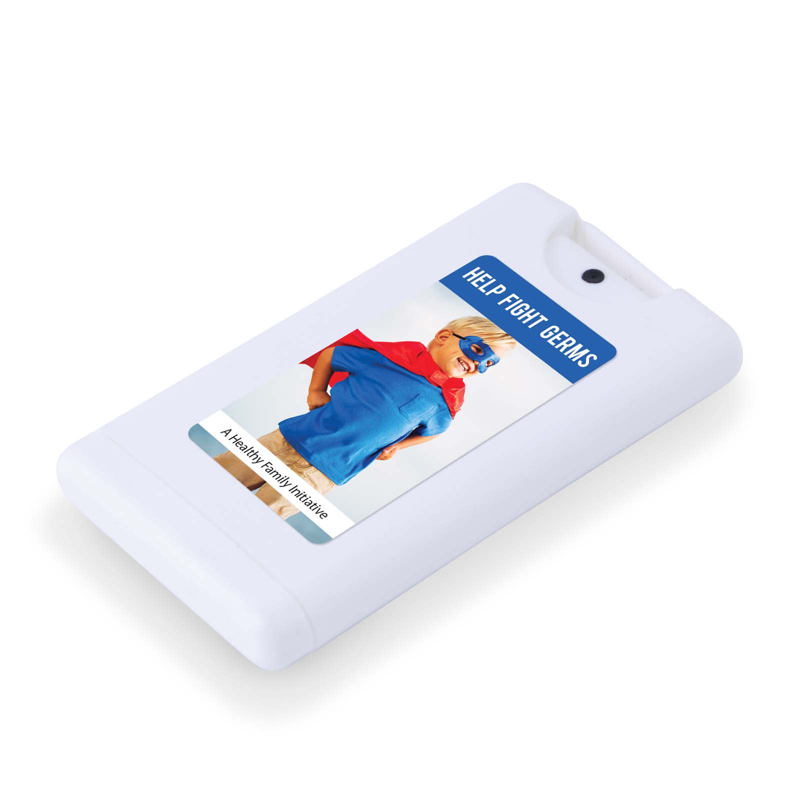 A white hand sanitiser bottle with a superhero graphic on the front, featuring a logo and vibrant colors.