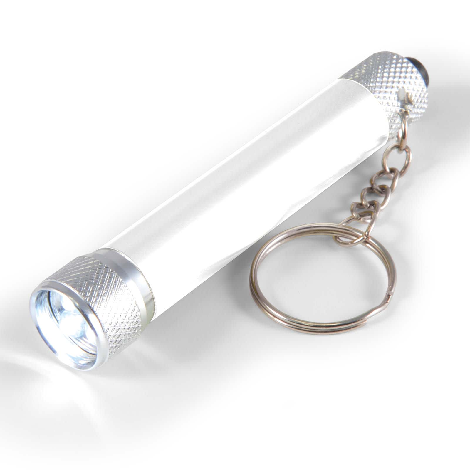 A compact flashlight with a silver body and keychain attachment, featuring a bright LED light at one end.