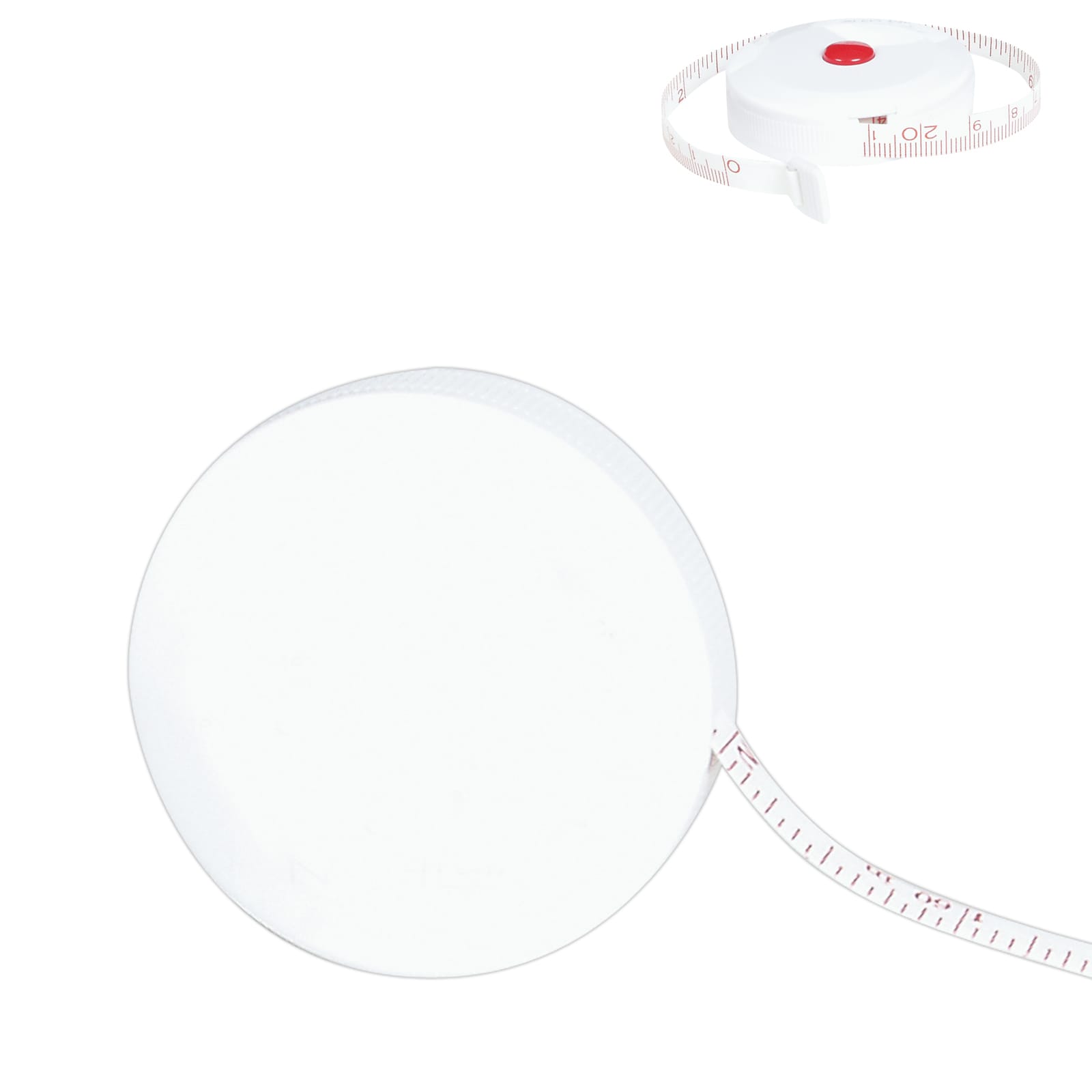 A white round tape measure with a red button and retractable measuring tape. It features a branding logo.