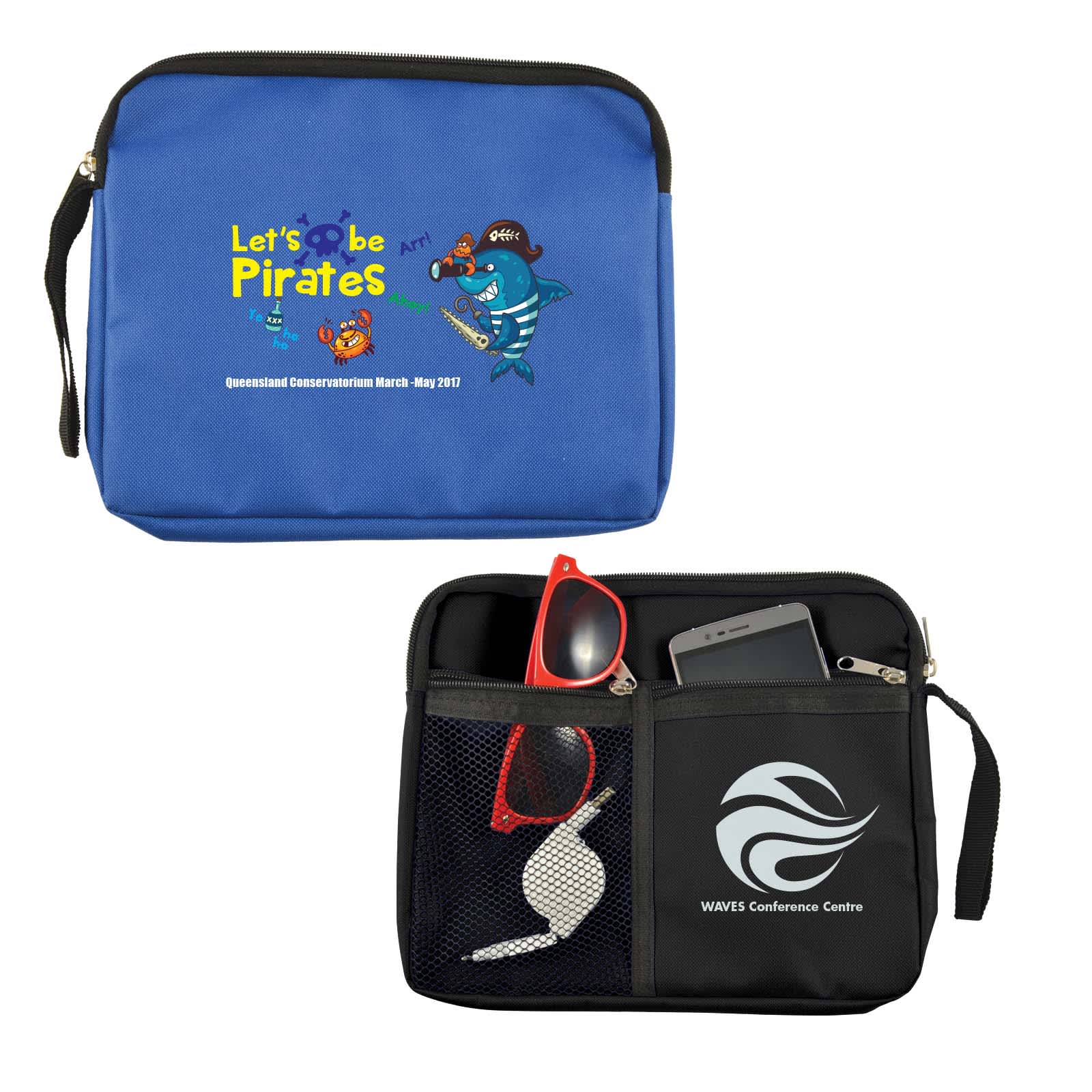 A blue conference pack with a cartoon design, features a black zippered compartment containing sunglasses and a smartphone.