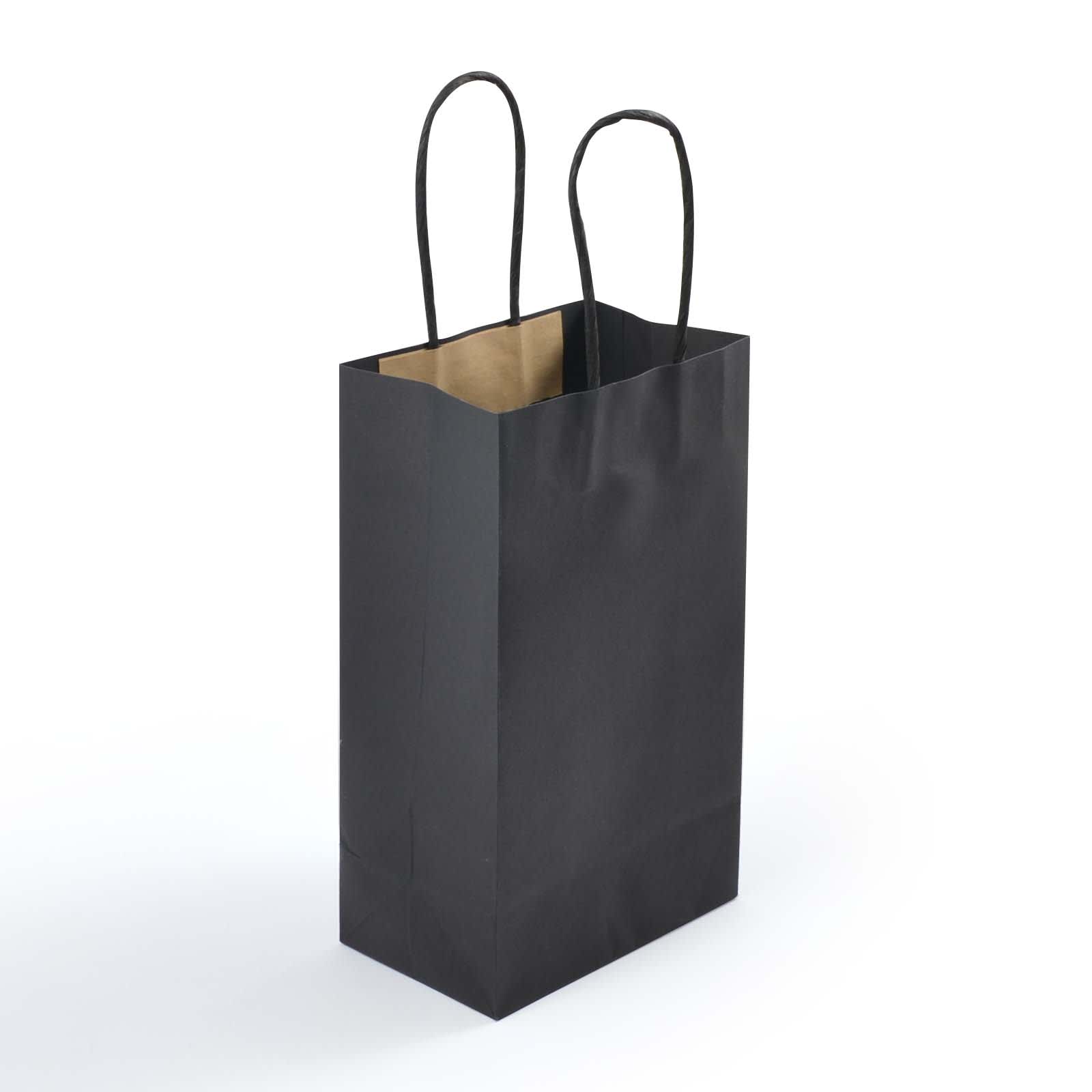 A small black paper bag with two handles, featuring a sturdy design and a brown interior.