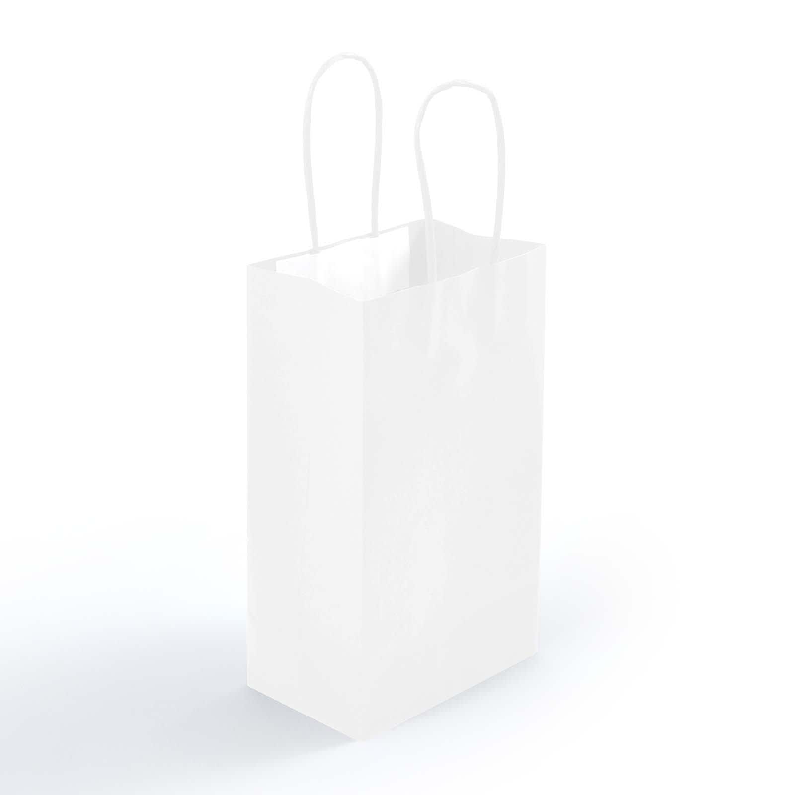 A small white paper bag with twisted handles, designed for carrying items.