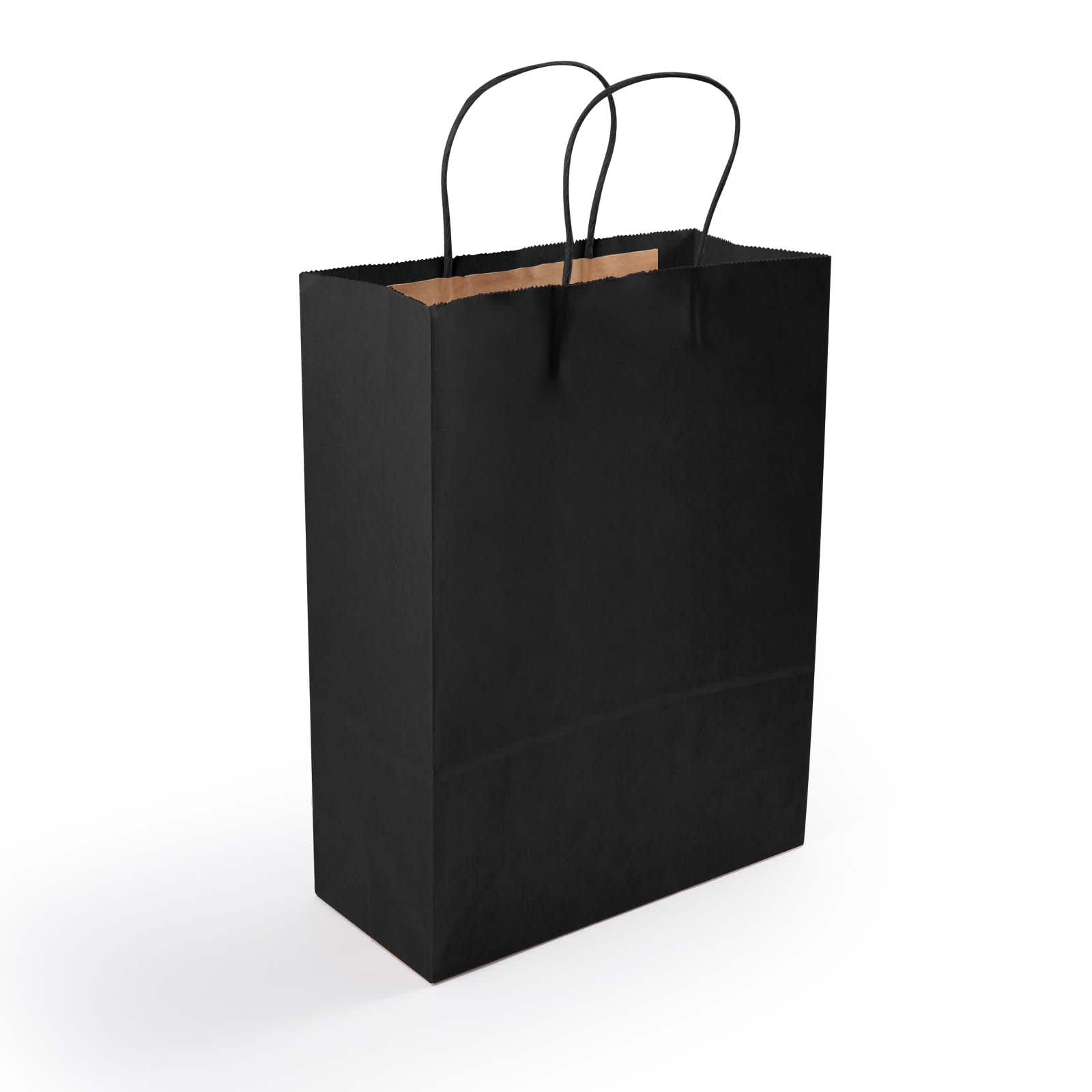 A medium black paper bag with two handles, featuring a clean and simple design.