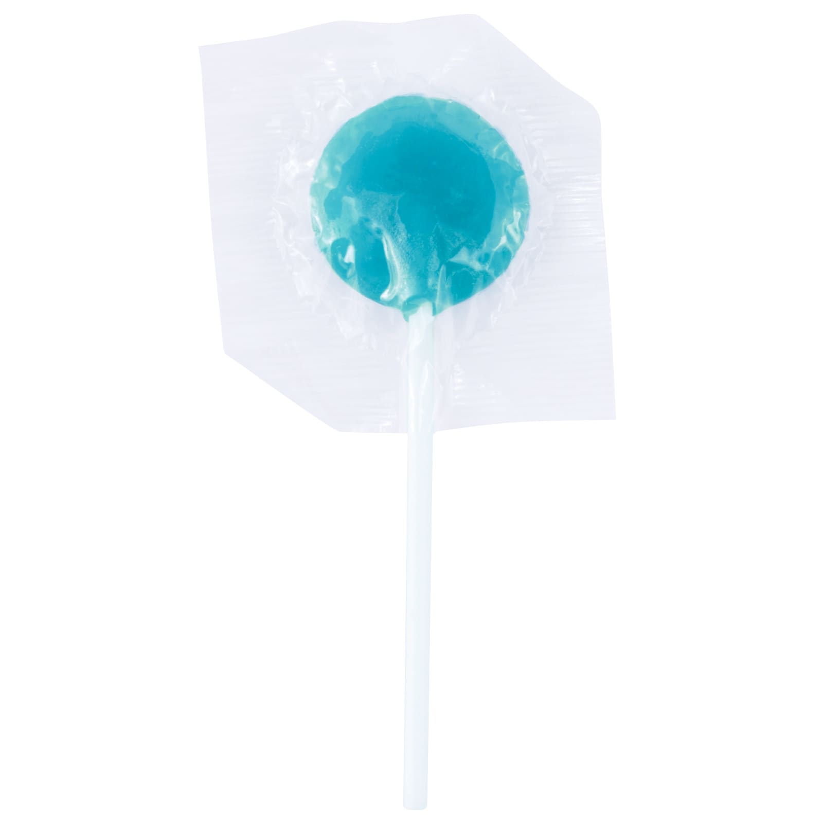 A green lollipop packaged in clear cellophane with a white stick.